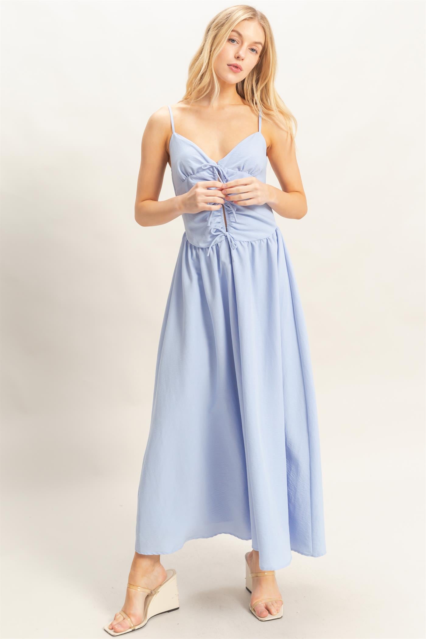 Wholesale Spaghetti Strap Ruched Dress Dresses HF26A011 L.BLUE HYFVE