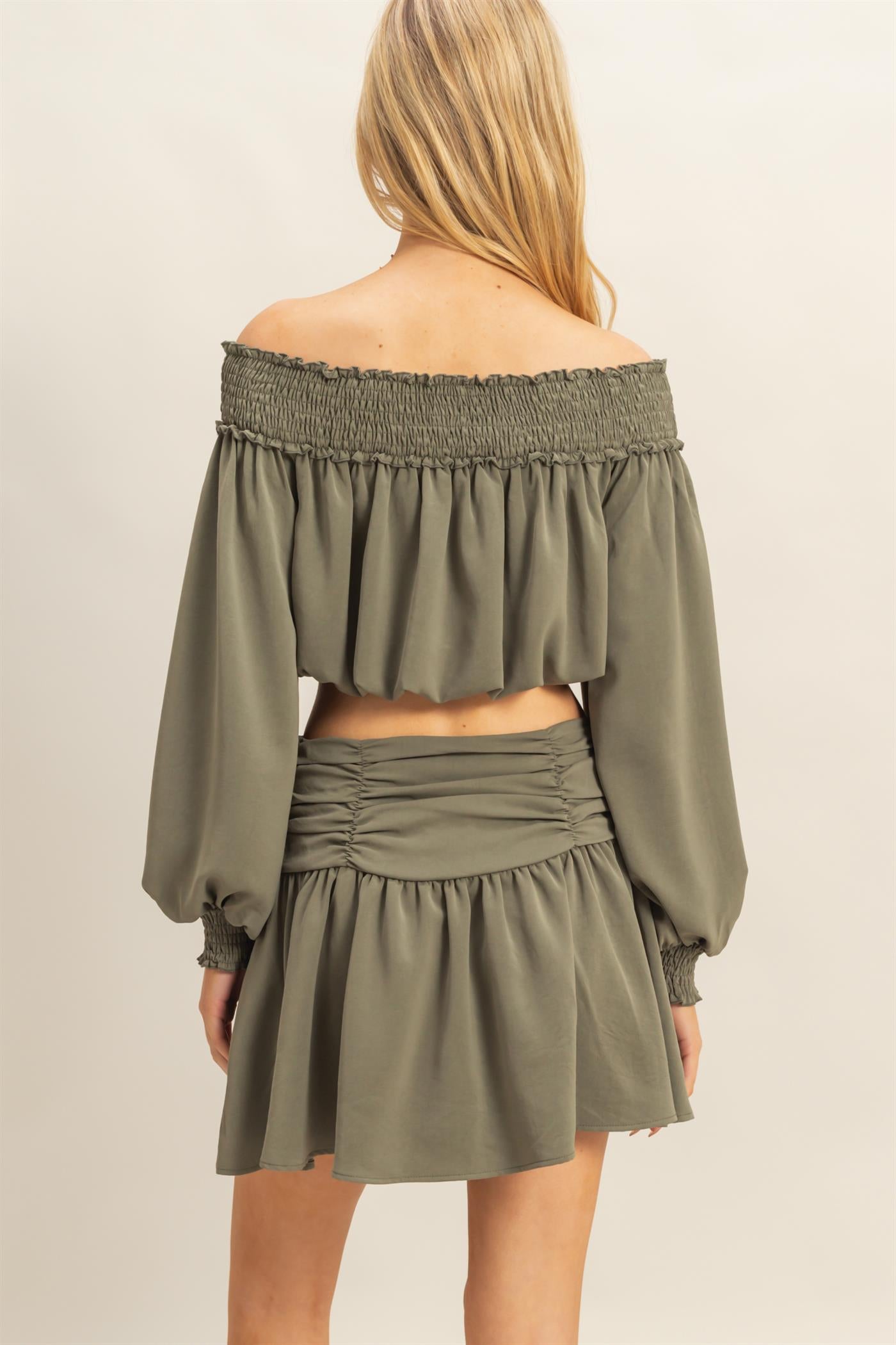 Wholesale Romantic Off Shoulder Top And Gathered Skirt Set Clothing HF25A243-SET OLIVE HYFVE