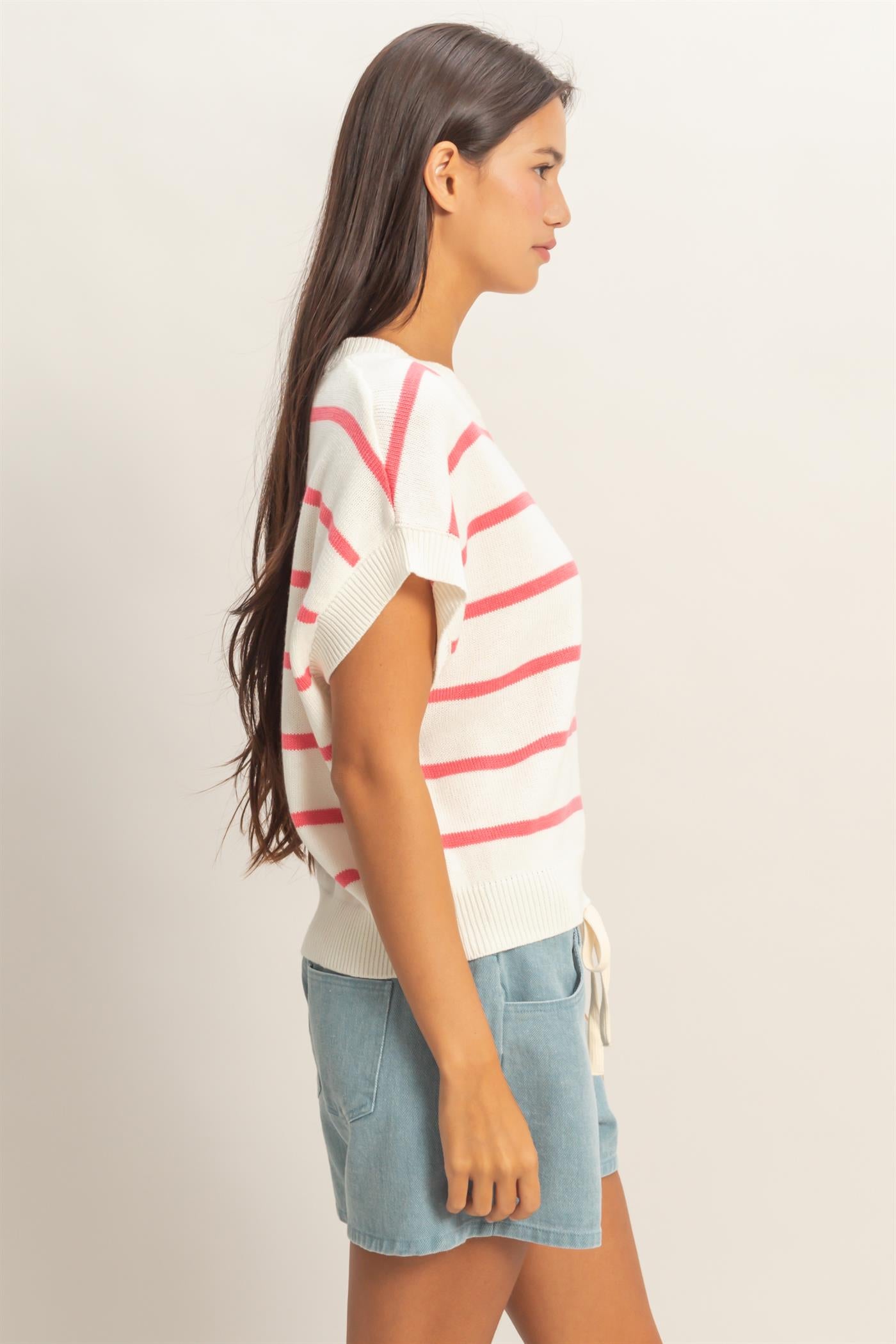 Wholesale Striped Crew Neck Knit Top Clothing Tops DZ26A740 TAFFY PINK DOUBLE ZERO