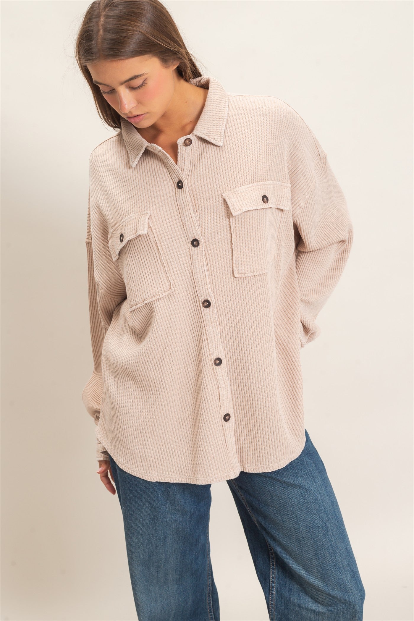 Wholesale Mineral Wash Waffle Knit Button-Up Shacket Coats & Jackets DZ26E249 DARK TAUPE DOUBLE ZERO