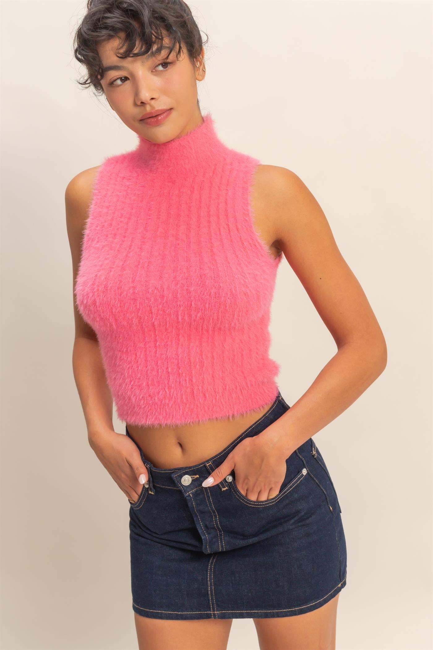 Wholesale Ribbed Sleeveless High Neck Knit Top Clothing Tops DZ25F113 TAFFY PINK HYFVE
