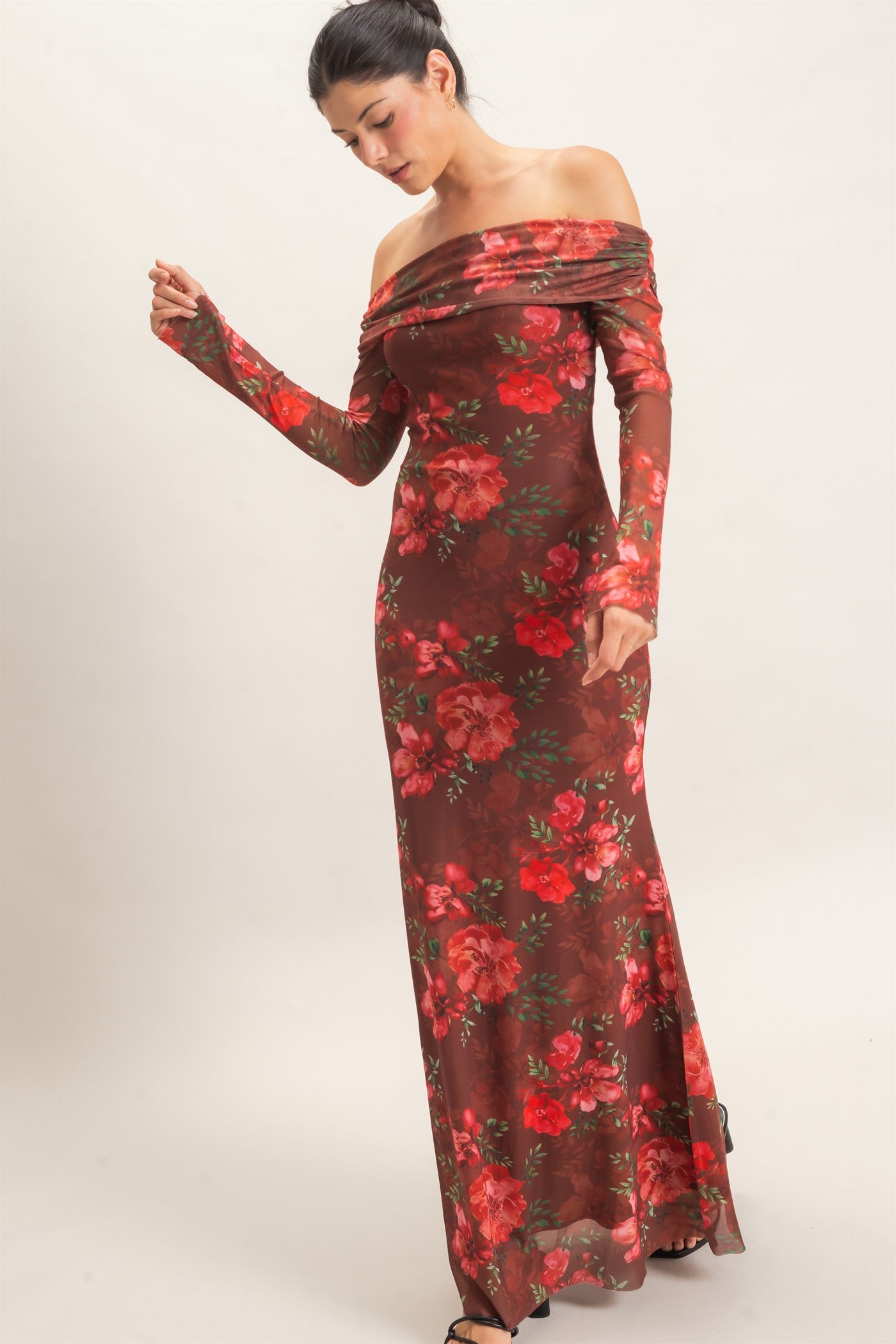 Wholesale Off Shoulder Floral Mesh Dress Dresses HF26E008 BROWN HYFVE