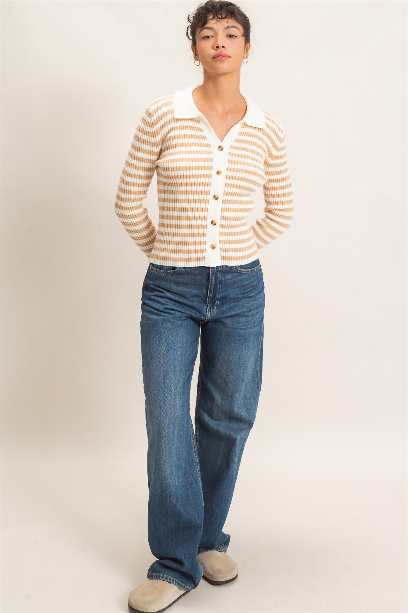 Wholesale Ribbed Striped Polo Knit Top Clothing Tops DZ26E099 TAUPE DOUBLE ZERO