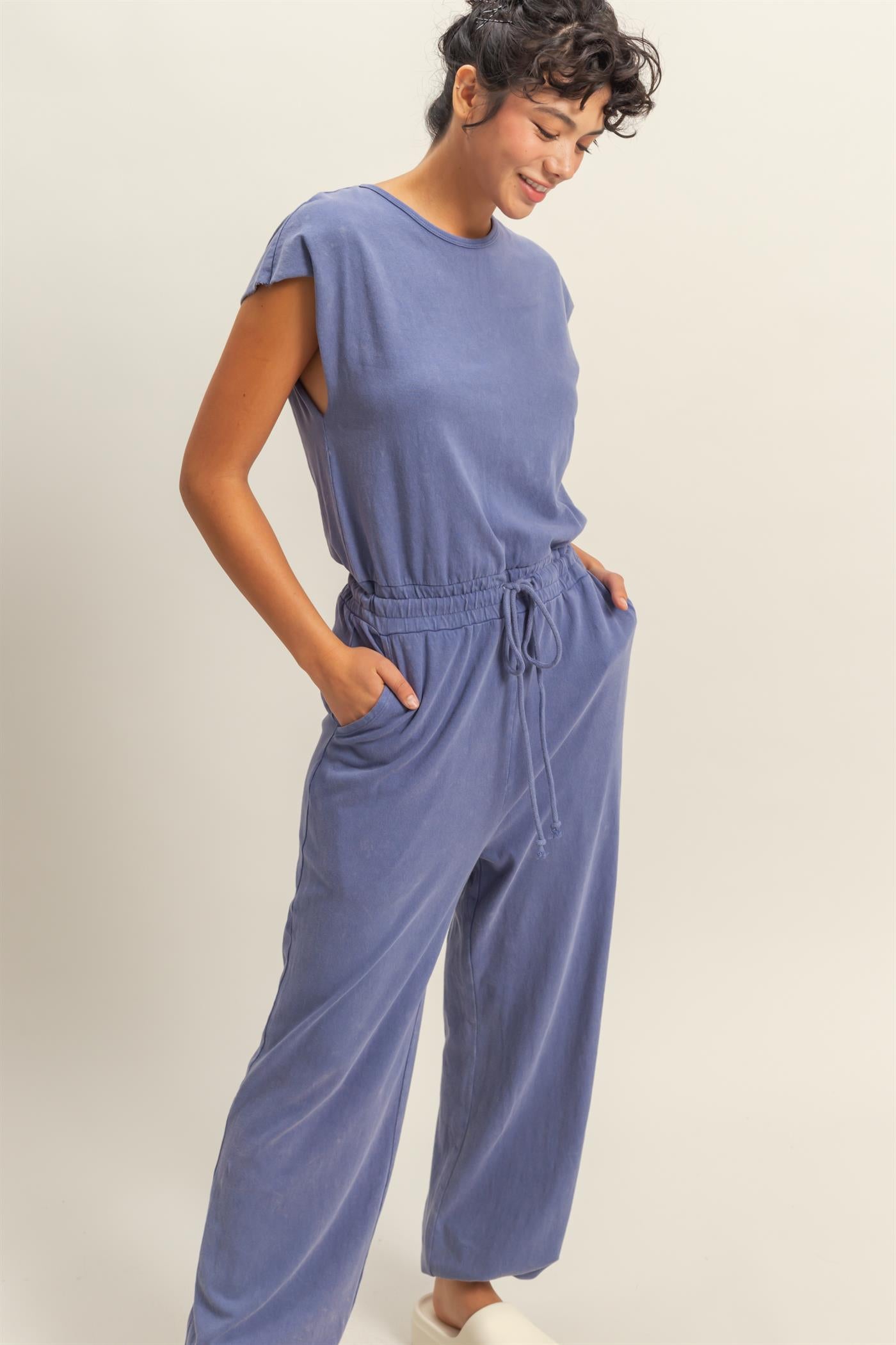 Wholesale Short Sleeve Casual Jumpsuit Clothing DZ24C619 DUSTY INDIGO DOUBLE ZERO