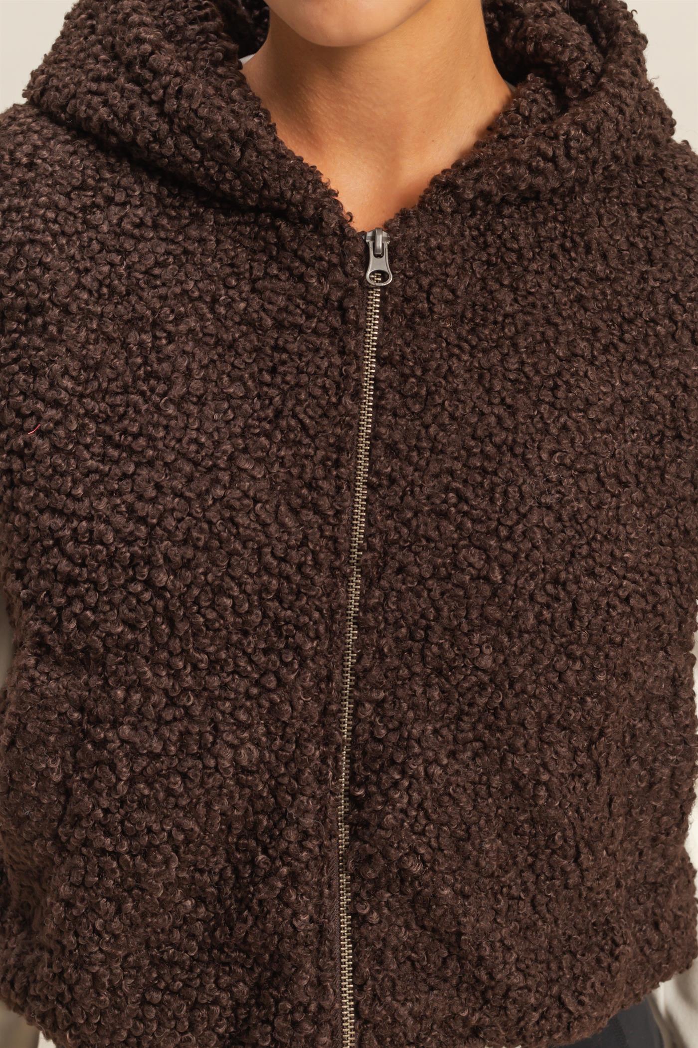 Wholesale Fluffy Full Zip Cropped Hooded Vest Vests DZ24A075 DARK CHOCOLATE DOUBLE ZERO