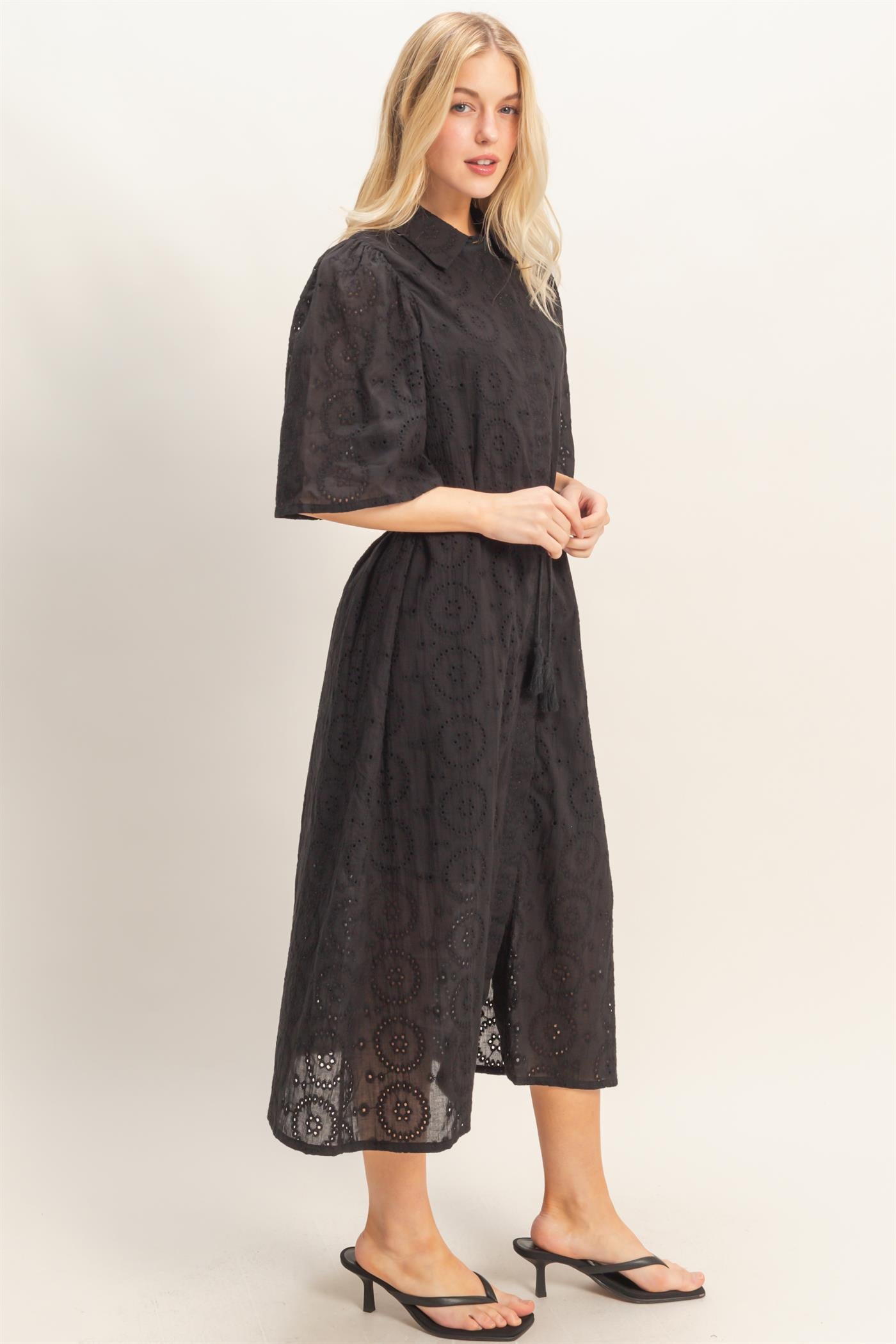 Wholesale Eyelet Collared Midi Dress Dresses HF26A021 BLACK HYFVE