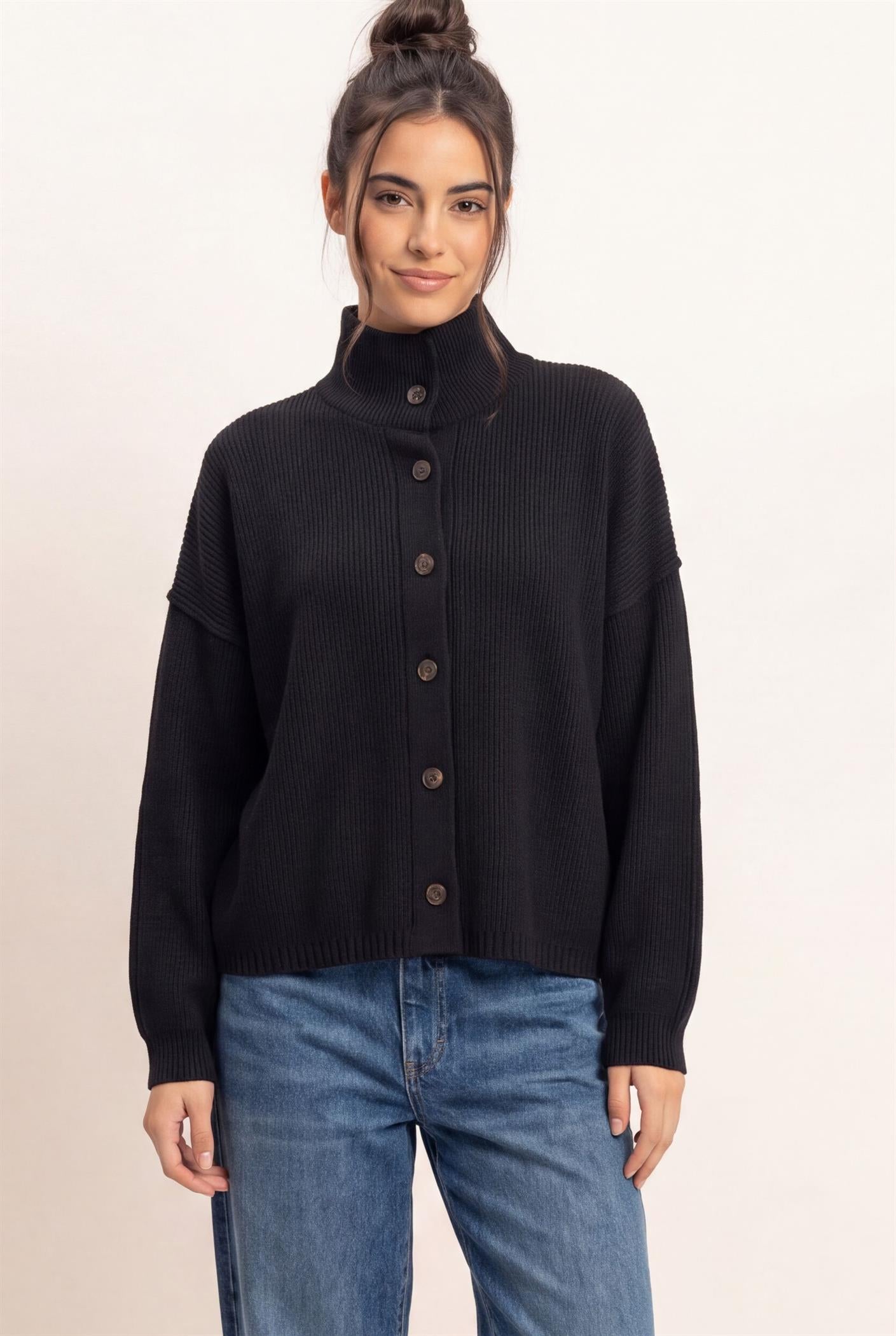 Wholesale High Neck Oversized Cardigan Cardigans DZ26E280 BLACK DOUBLE ZERO