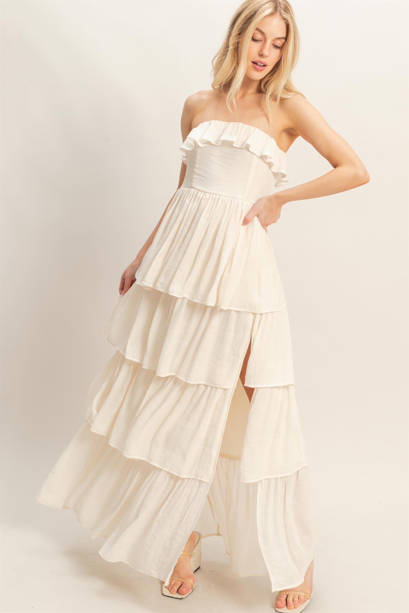 Wholesale Tiered Strapless Ruffle Dress Dresses HF26A616-D CREAM HYFVE