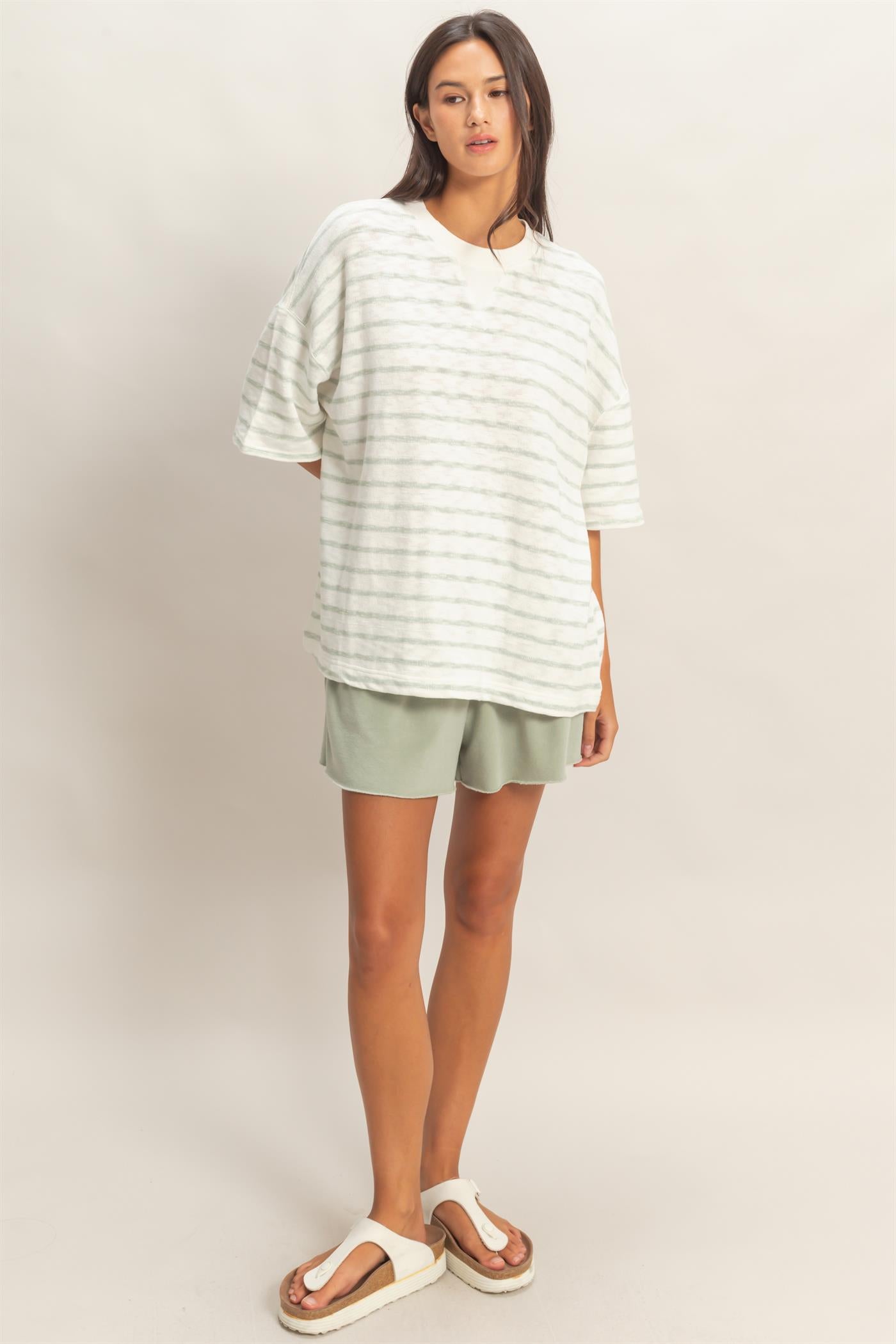 Wholesale Oversized Striped V-Stitch Short Sleeve Top Clothing Tops DZ26A455 SAGE GREEN DOUBLE ZERO