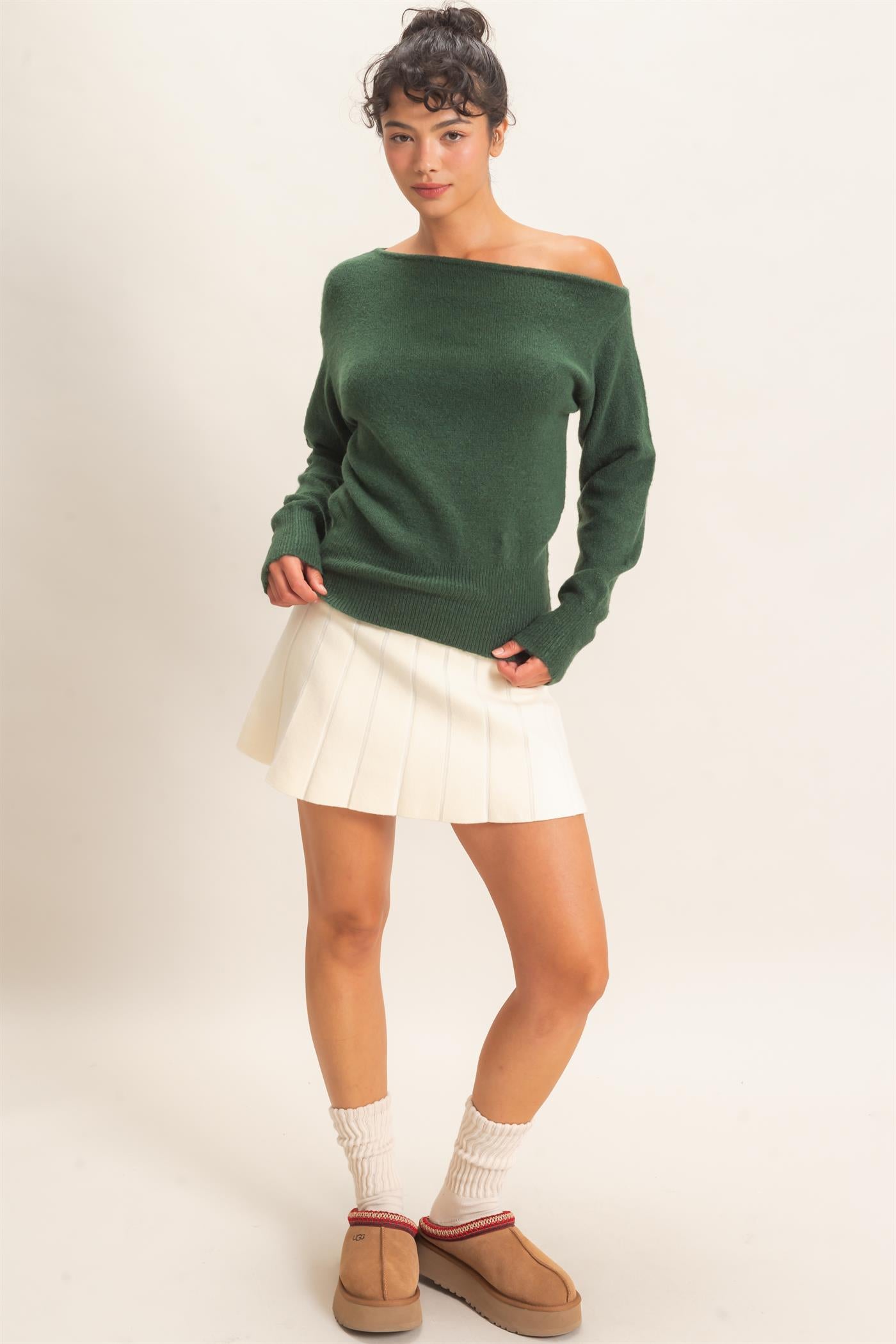 Wholesale Off The Shoulder Sweater Top Sweaters DZ26F290 DARK GREEN DOUBLE ZERO