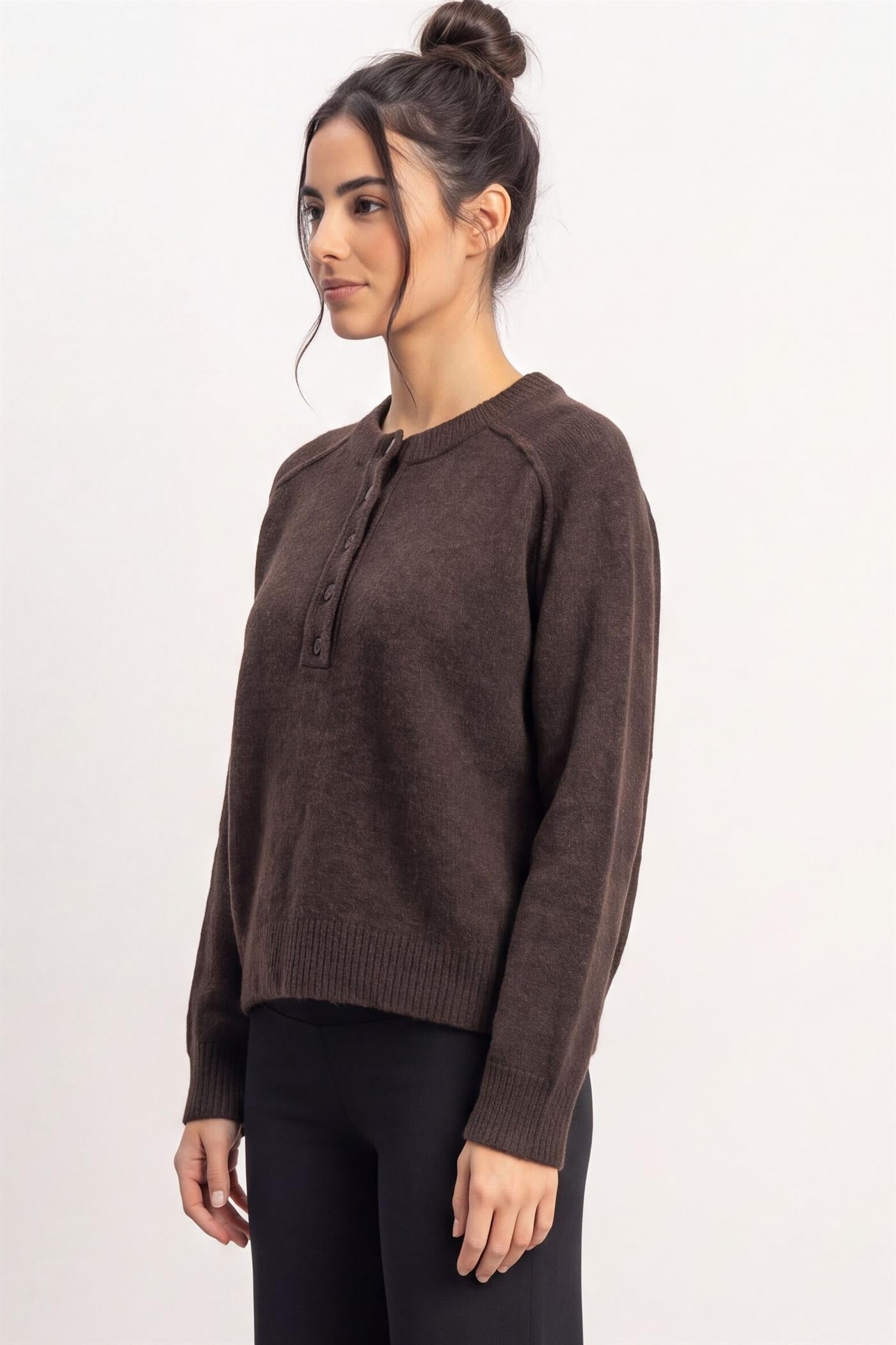 Wholesale Henley Sweater With Reverse Seams Sweaters DZ26F004 DARK BROWN DOUBLE ZERO