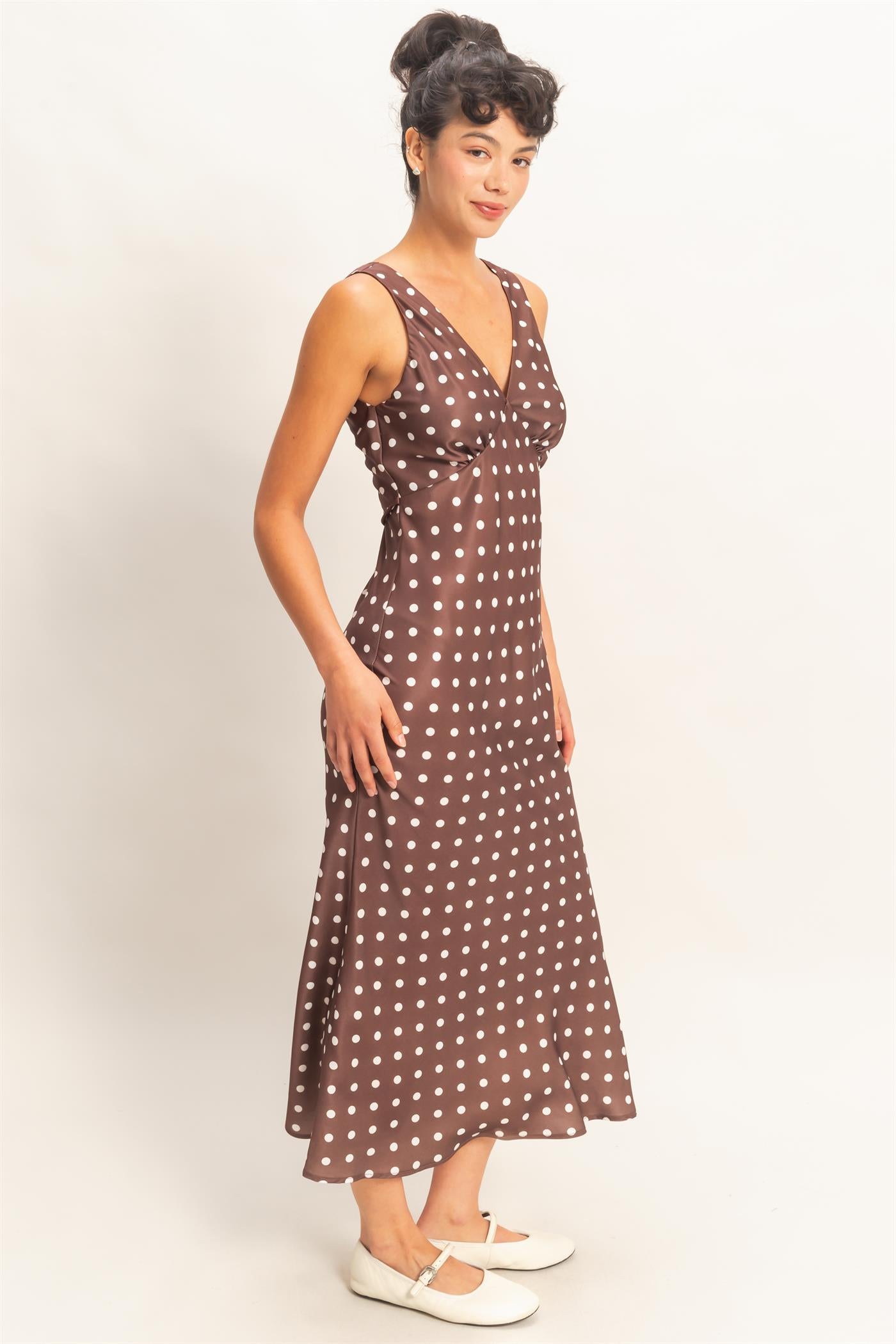 Wholesale Polka Dot Sleeveless Maxi Dress Dresses DZ25E063 CHOCOLATE DOUBLE ZERO