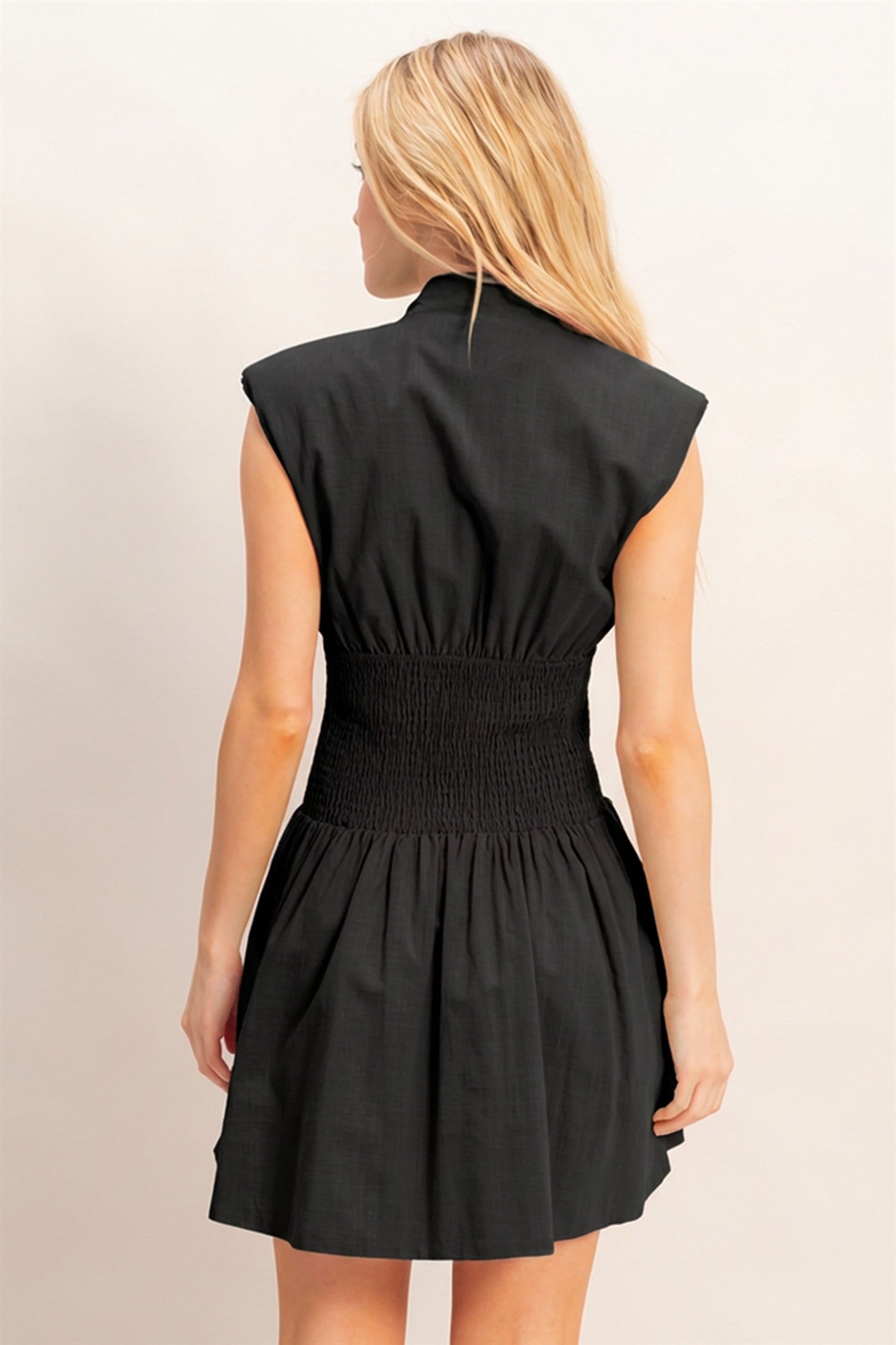 Wholesale Zip Front Shirred Waist Dress Dresses HF26A112 BLACK HYFVE