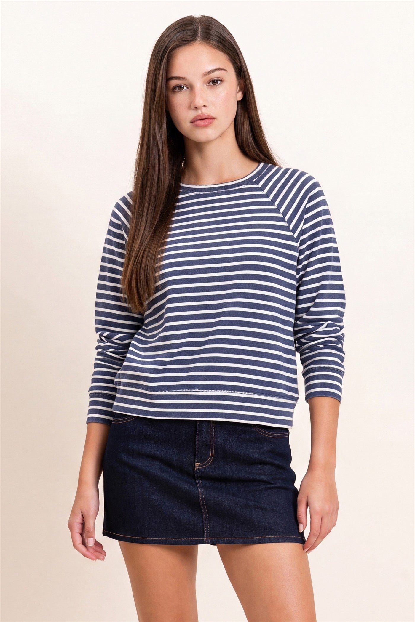 Wholesale Striped Waffle Knit Raglan Top Clothing Tops DZ26E450 NAVY DOUBLE ZERO