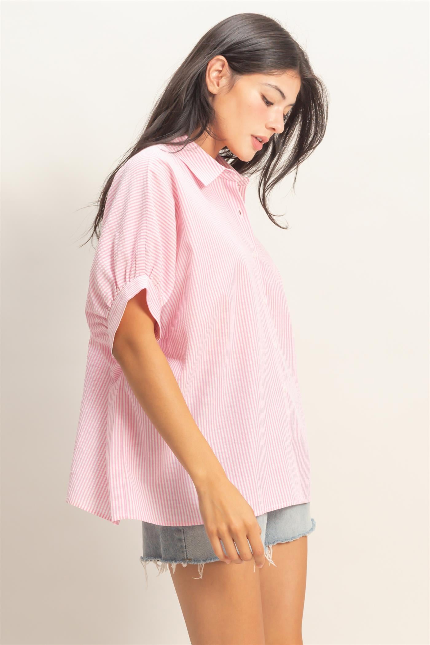 Wholesale Striped Short Sleeve Button-Front Blouse T-Shirts DZ26C276 PINK DOUBLE ZERO