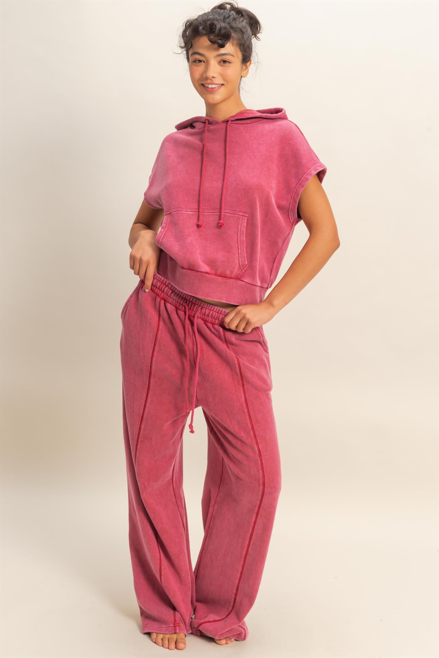 Wholesale Acid Washed Sleeveless Hooded Kangaroo Pocket Top Hoodies DZ26A411 DARK RED DOUBLE ZERO