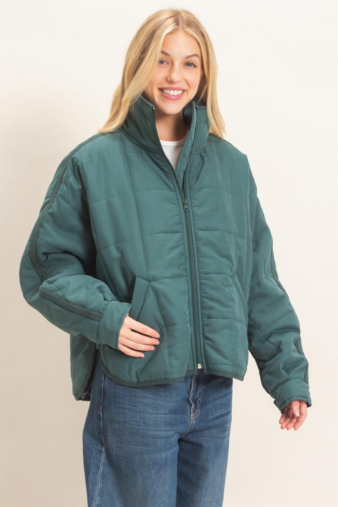 Wholesale Quilted High Collar Jacket Coats & Jackets HF26F167-D TEAL HYFVE