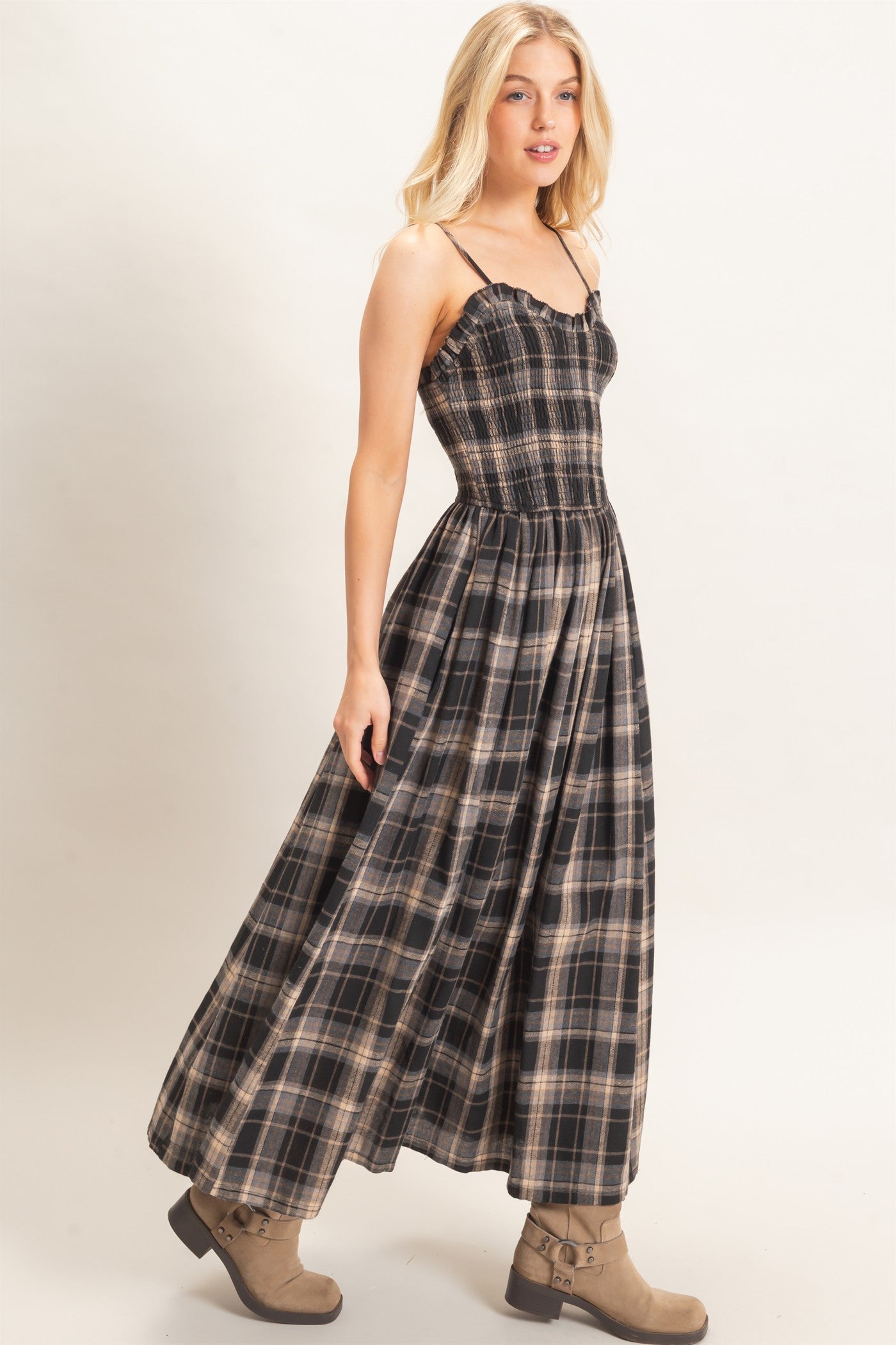 Wholesale Plaid Smocked Maxi Dress Dresses HF26C898 BLACK HYFVE