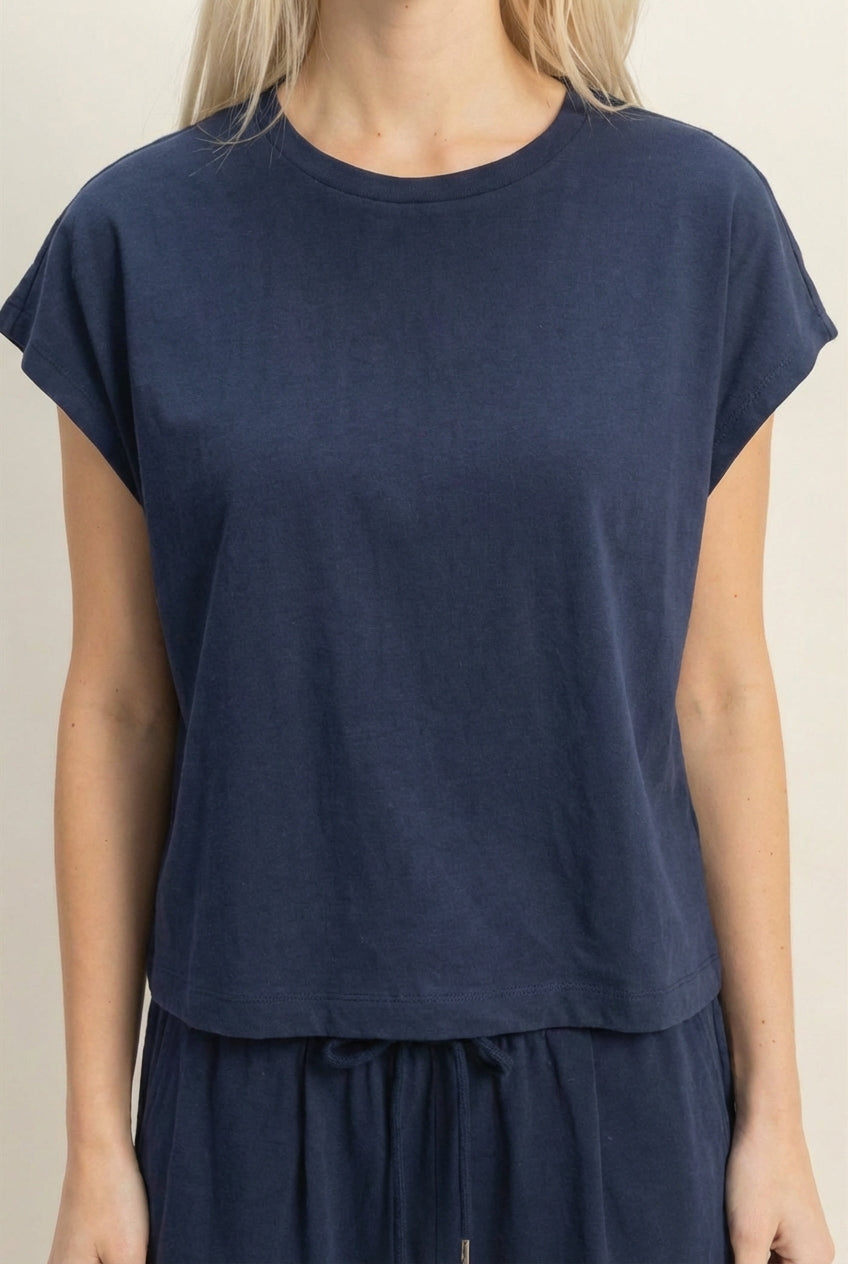 Wholesale Cap Sleeve Boxy Top And Shorts Set Clothing DZ26C543-SET NAVY DOUBLE ZERO