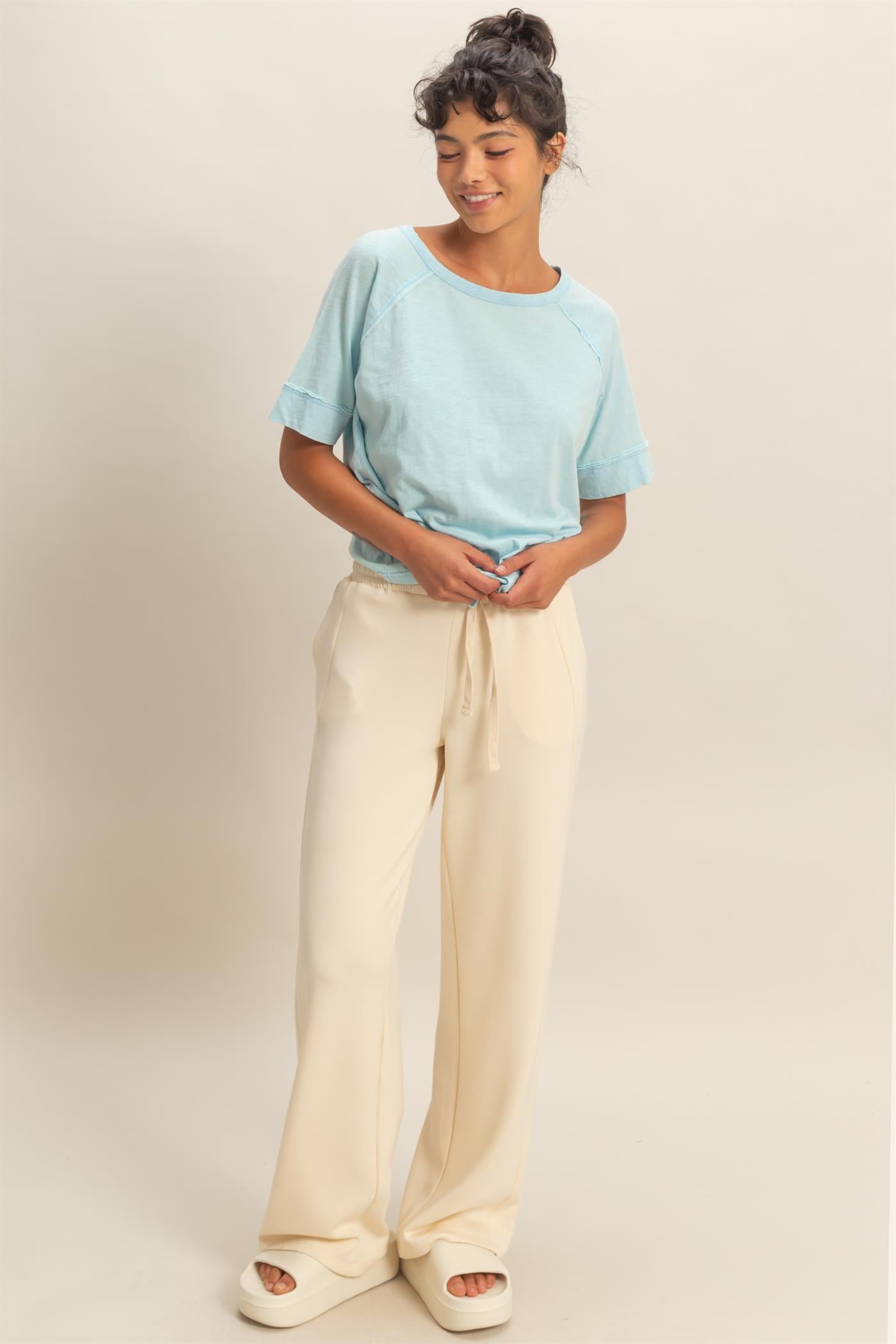 Wholesale Acid Wash Raw Seam Raglan Short Sleeve Tee Clothing Tops DZ26A655 BLUE HYFVE