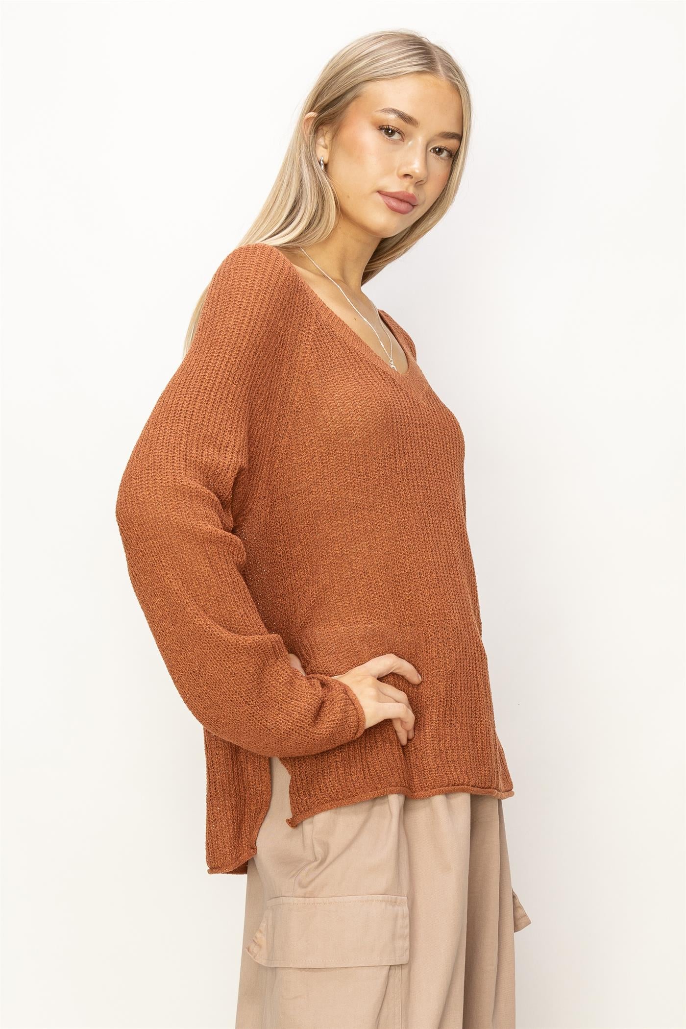 Wholesale Long Sleeve Oversized Sweater Clothing Tops DZ24A852 BAKED CLAY DOUBLE ZERO
