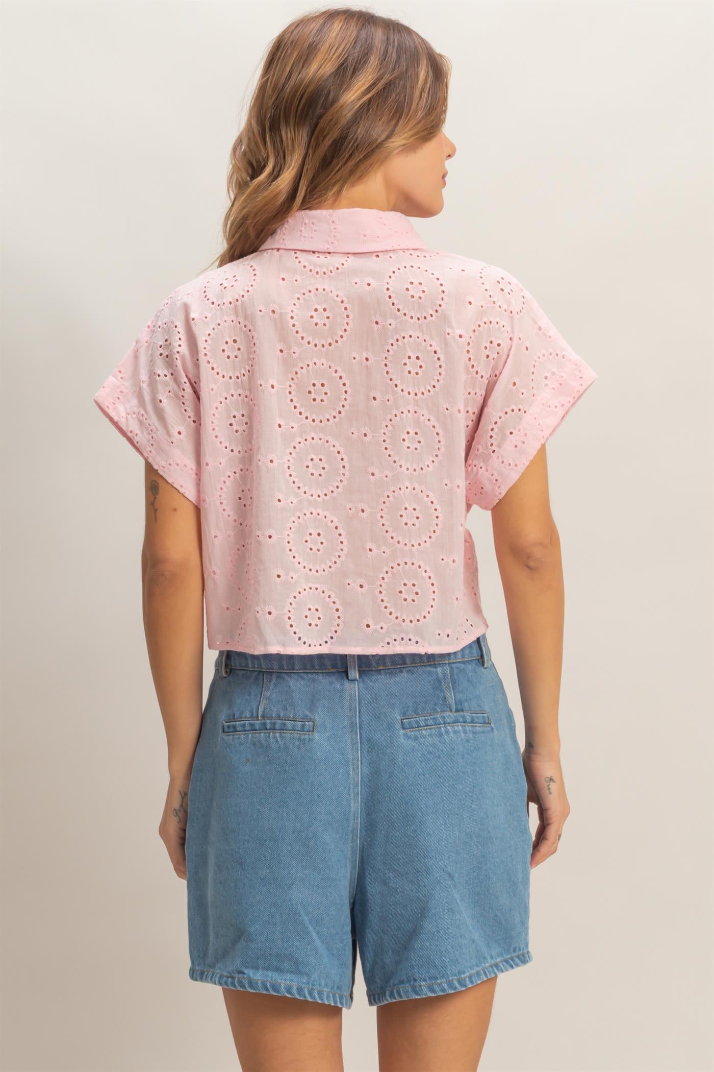 Wholesale Eyelet Cropped Button-Up Shirt Clothing Tops HF26C297 L.PINK HYFVE