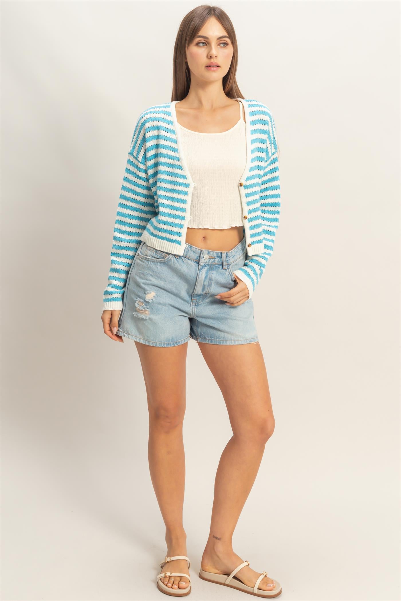 Wholesale Striped V-Neck Cardigan Cardigans HF26A174 BLUE HYFVE