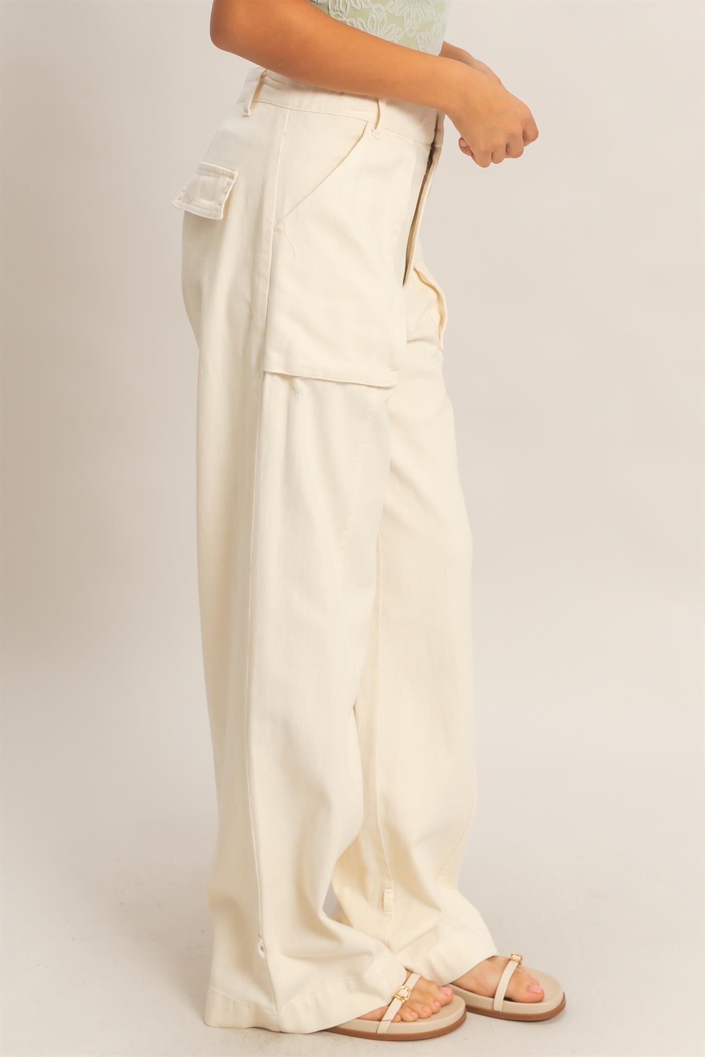 Wholesale High Rise Cargo Pants With Ankle Ties Pants DZ24C156 CREAM DOUBLE ZERO