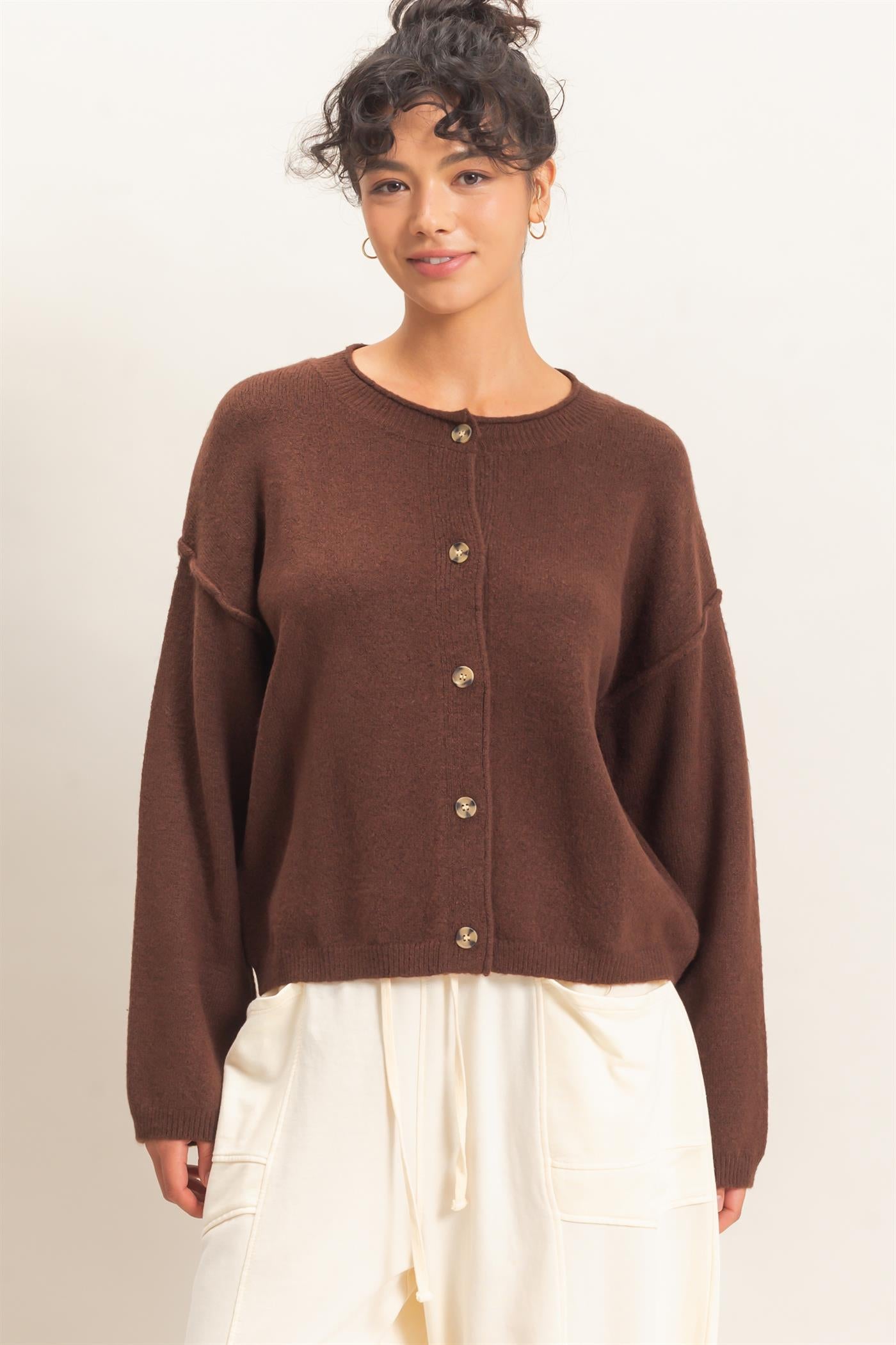Wholesale Crew Neck Loose Fit Cardigan Cardigans DZ26E269 DARK BROWN DOUBLE ZERO