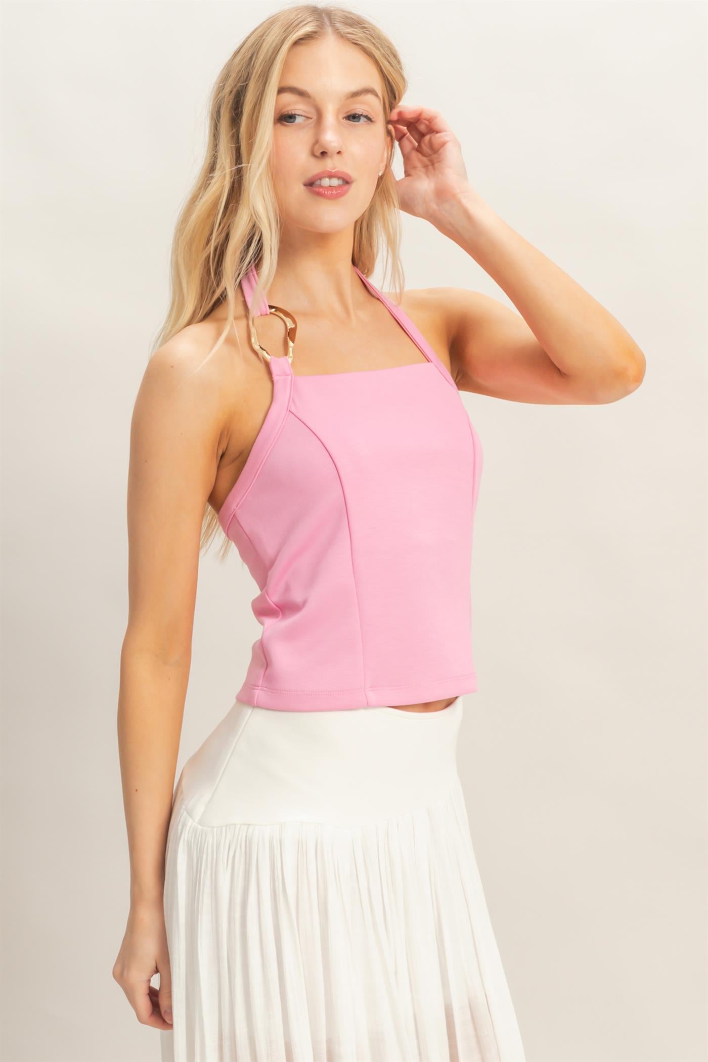 Wholesale Halter Top With Gold Loop Clothing Tops HF26C761 PINK HYFVE