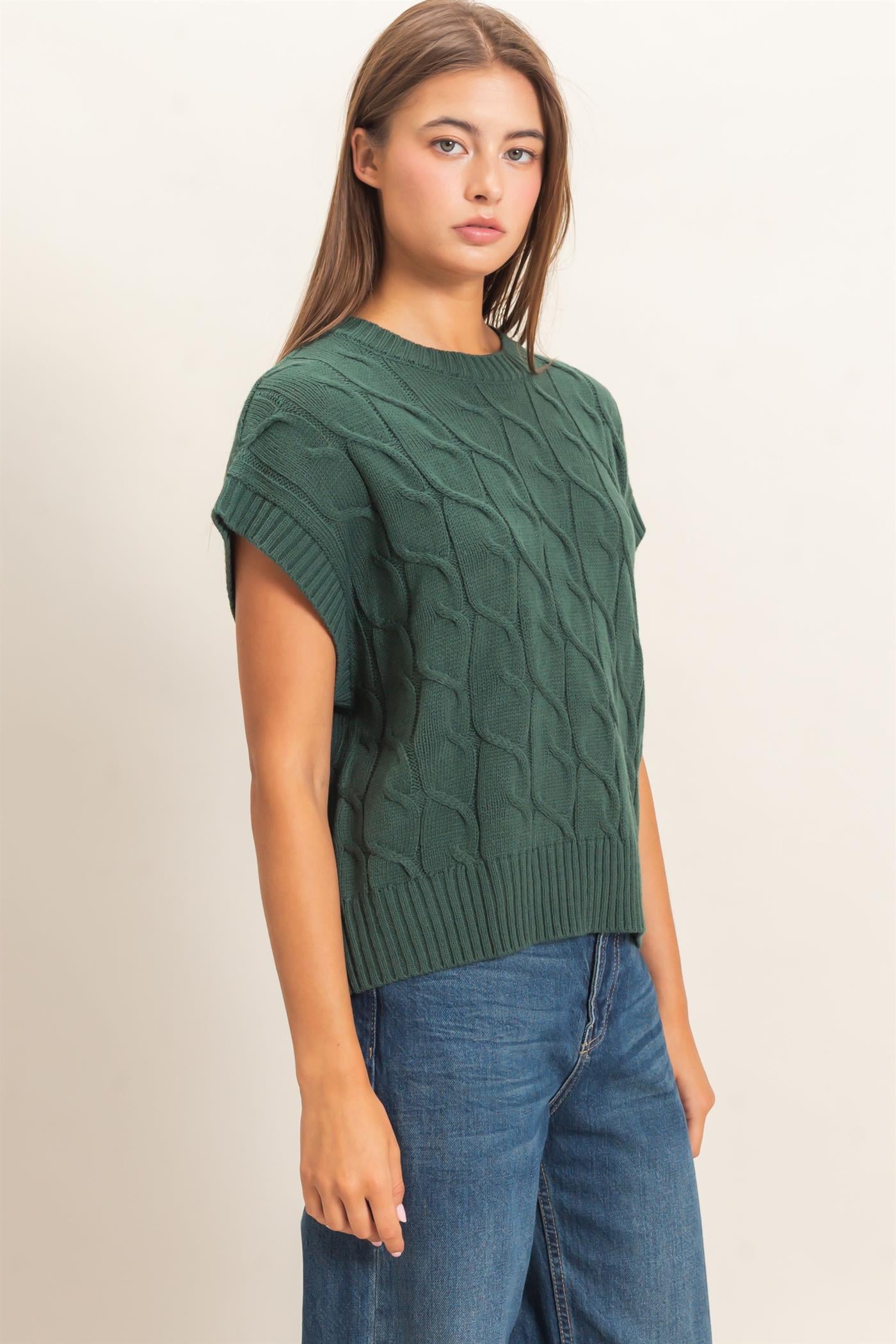 Wholesale Cable Knit Cap Sleeve Sweater Sweaters DZ26C974 DARK GREEN DOUBLE ZERO