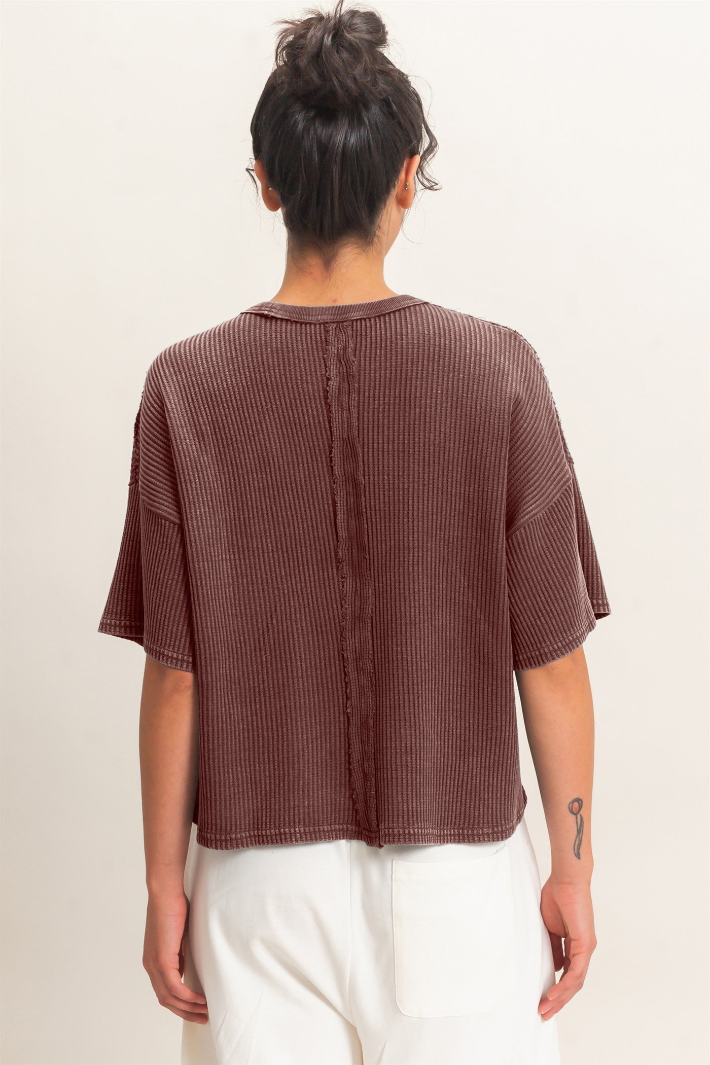 Wholesale Mineral Wash Waffle Knit Pocket Top Clothing Tops DZ26E222 DARK BROWN DOUBLE ZERO