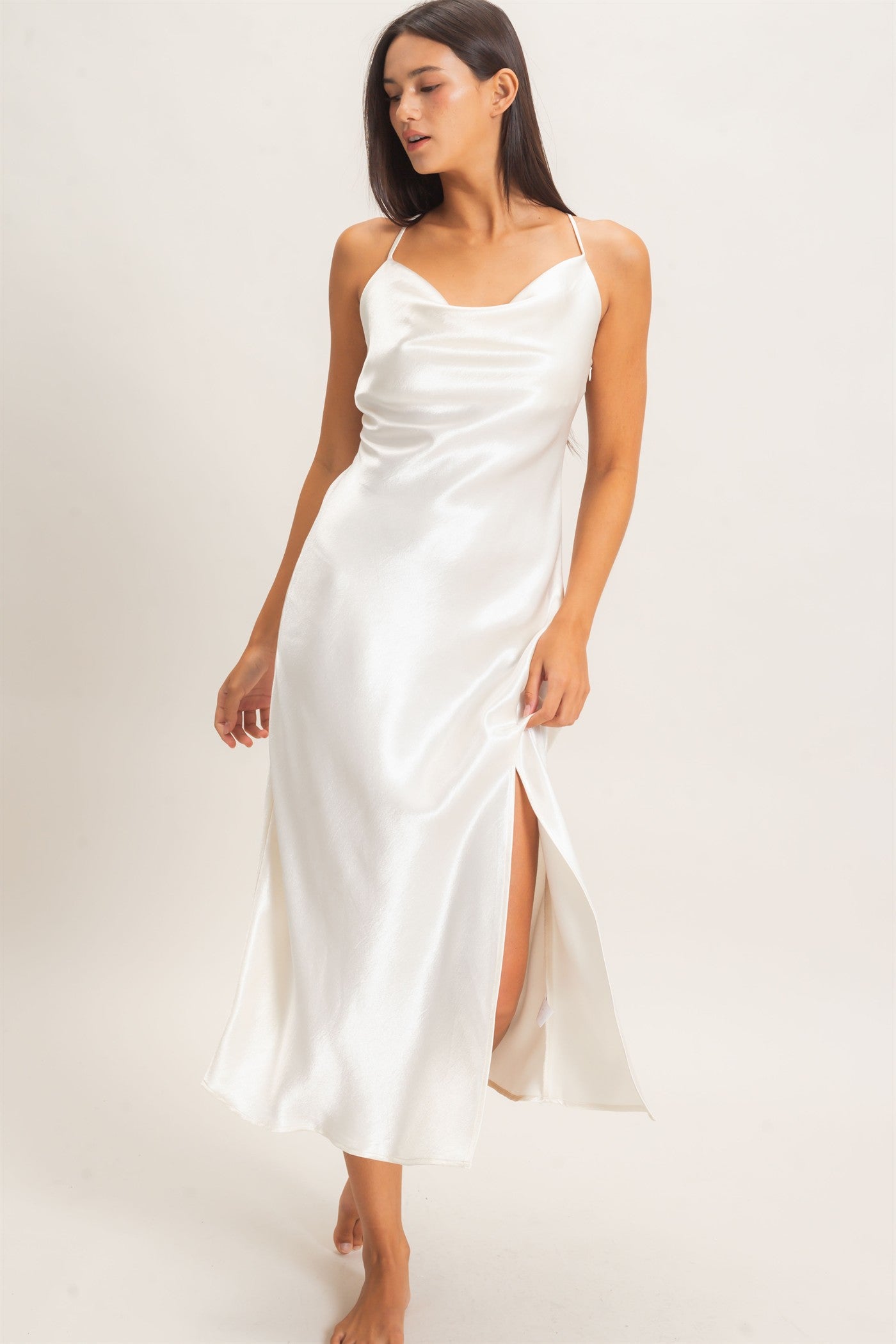 Wholesale Cowl Neck Satin Slip Dress Dresses DZ26E251 CREAM DOUBLE ZERO