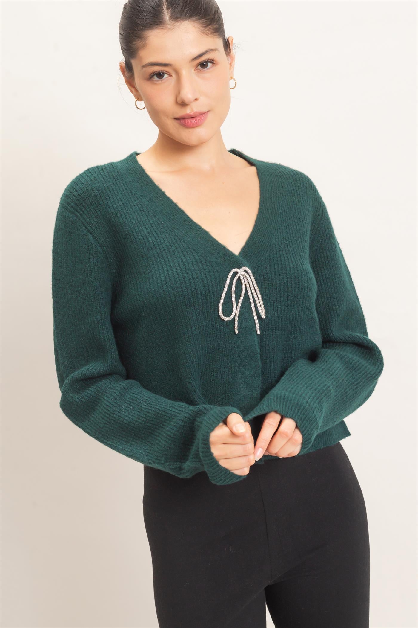 Wholesale Rhinestone Bow Tie-Front Sweater Cardigans HF26F183-D D.GREEN HYFVE