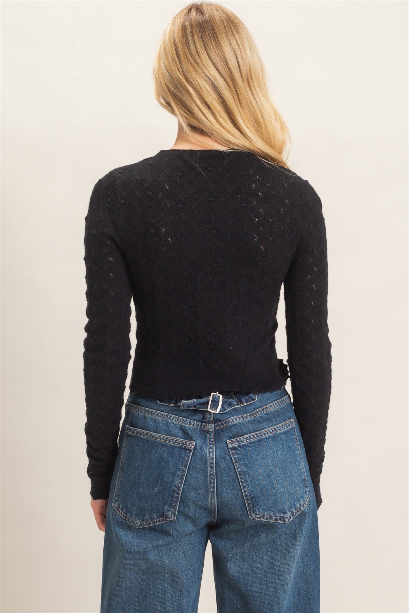 Wholesale Crochet Scalloped Hem Sweater Sweaters HF26F195 BLACK HYFVE