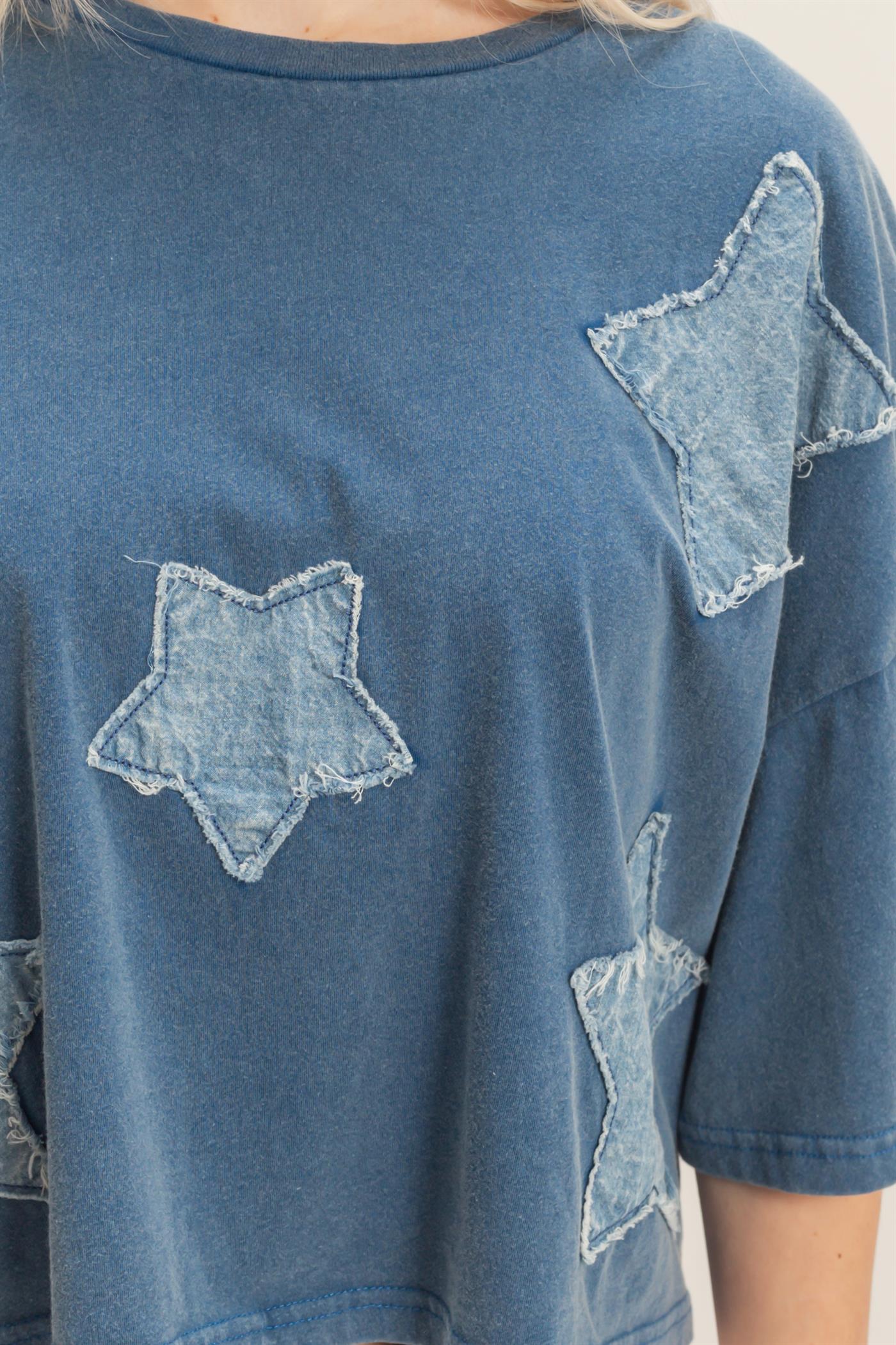 Wholesale Raw Edge Star Patch Top Clothing Tops DZ26C616 NAVY DOUBLE ZERO