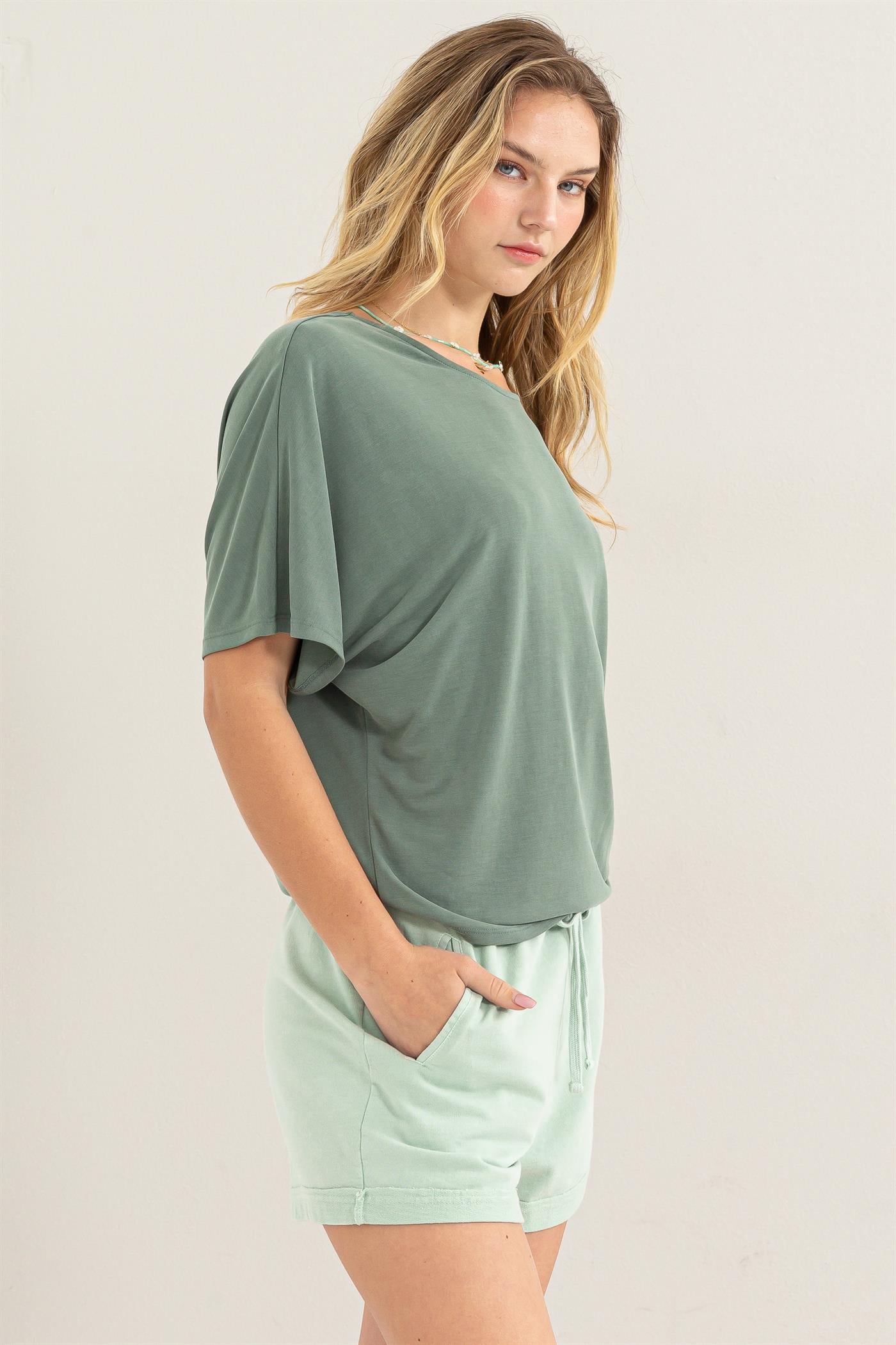 Wholesale D-Elbow Length Dolman Sleeve Top Clothing Tops DZ24C199-D GRAY GREEN DOUBLE ZERO