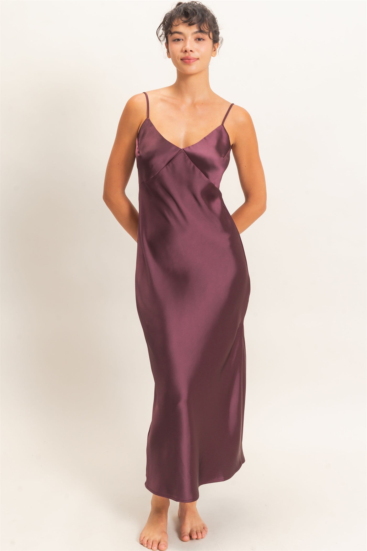 Wholesale Satin V-Neck Slip Dress Dresses DZ26E262 DARK CHERRY DOUBLE ZERO