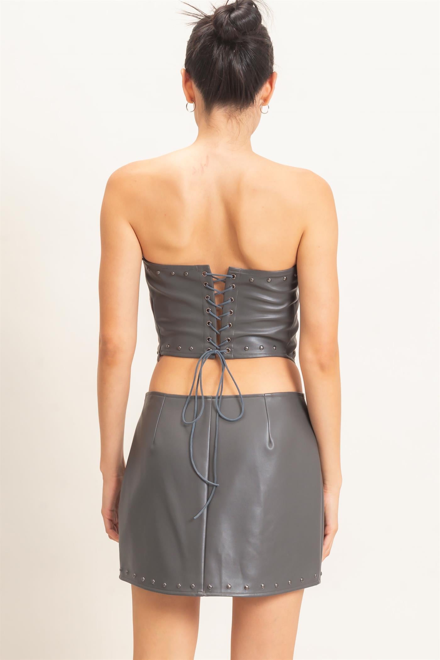 Wholesale Strapless Faux Leather Studded Top Clothing Tops HF26E699 DARK GRAY HYFVE