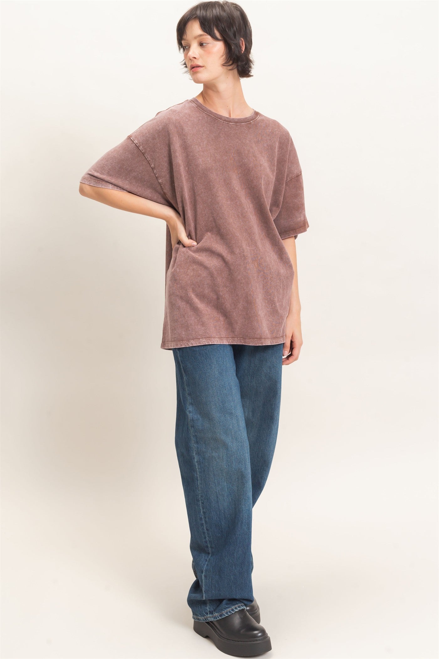 Wholesale Mineral Wash Oversized Crew Neck T-Shirts Clothing Tops DZ26C961 DARK BROWN DOUBLE ZERO