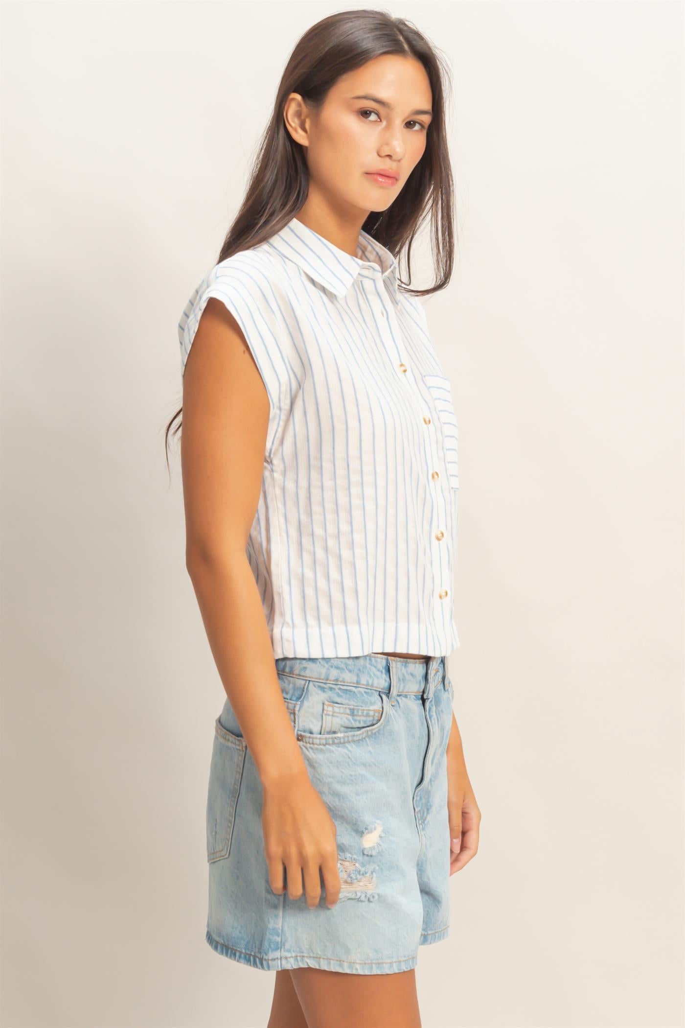 Wholesale Striped Sleeveless Button-Up Shirt Clothing Tops DZ26A206 BLUE DOUBLE ZERO