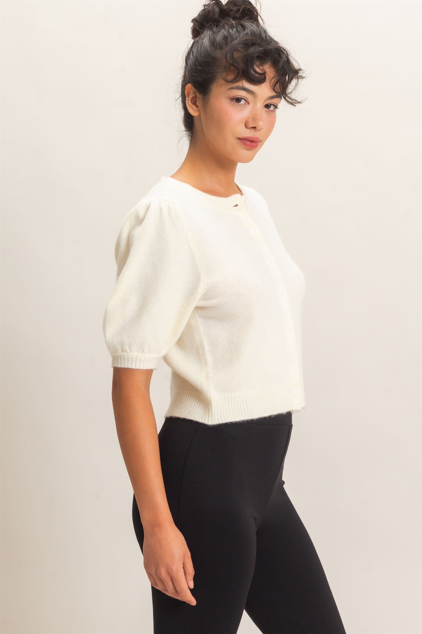 Wholesale Button Front Puff Short Sleeve Cardigan Cardigans DZ26C960 CREAM DOUBLE ZERO