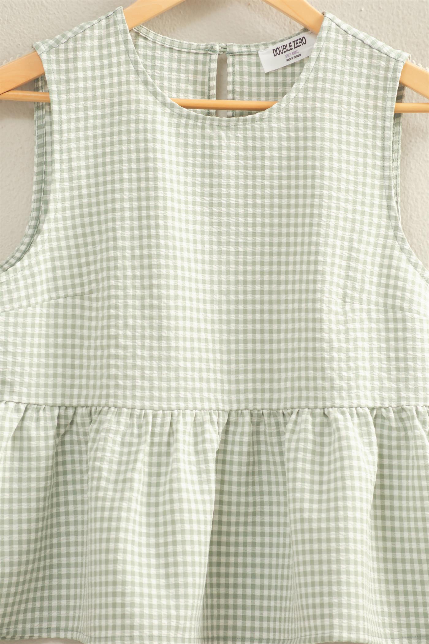 Wholesale Gingham Sleeveless Peplum Top With Side Ties Blouses DZ26C073 SAGE GREEN HYFVE