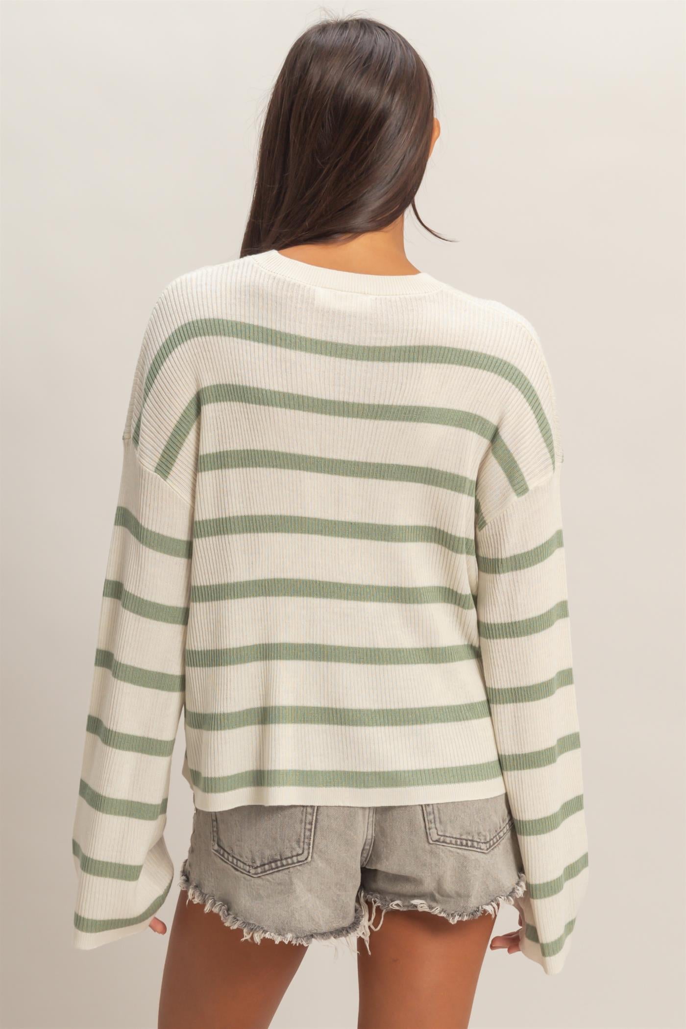 Wholesale Lightweight Wide-Sleeve Striped Sweater Clothing Tops DZ26A329 SAGE GREEN DOUBLE ZERO