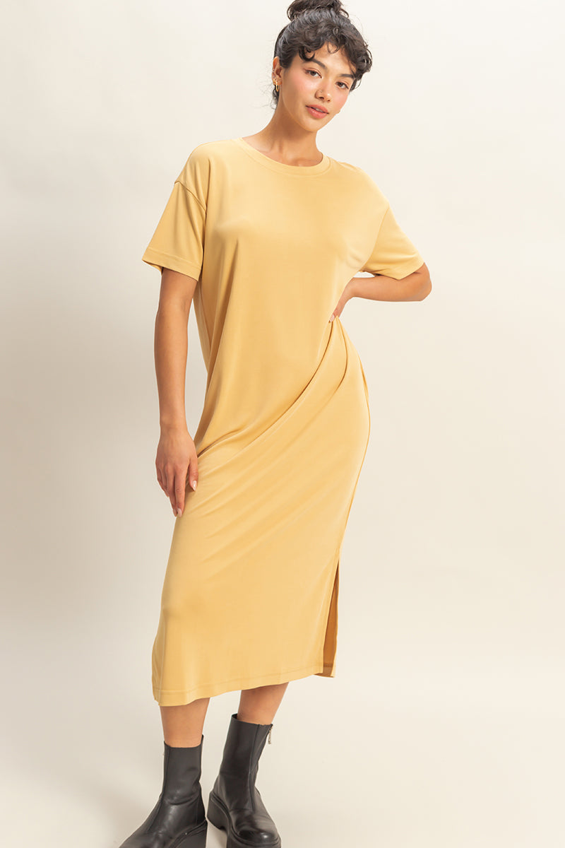 Wholesale Side Slit T-Shirt Midi Dress Dresses DZ23A961 TORTILLA BROWN DOUBLE ZERO