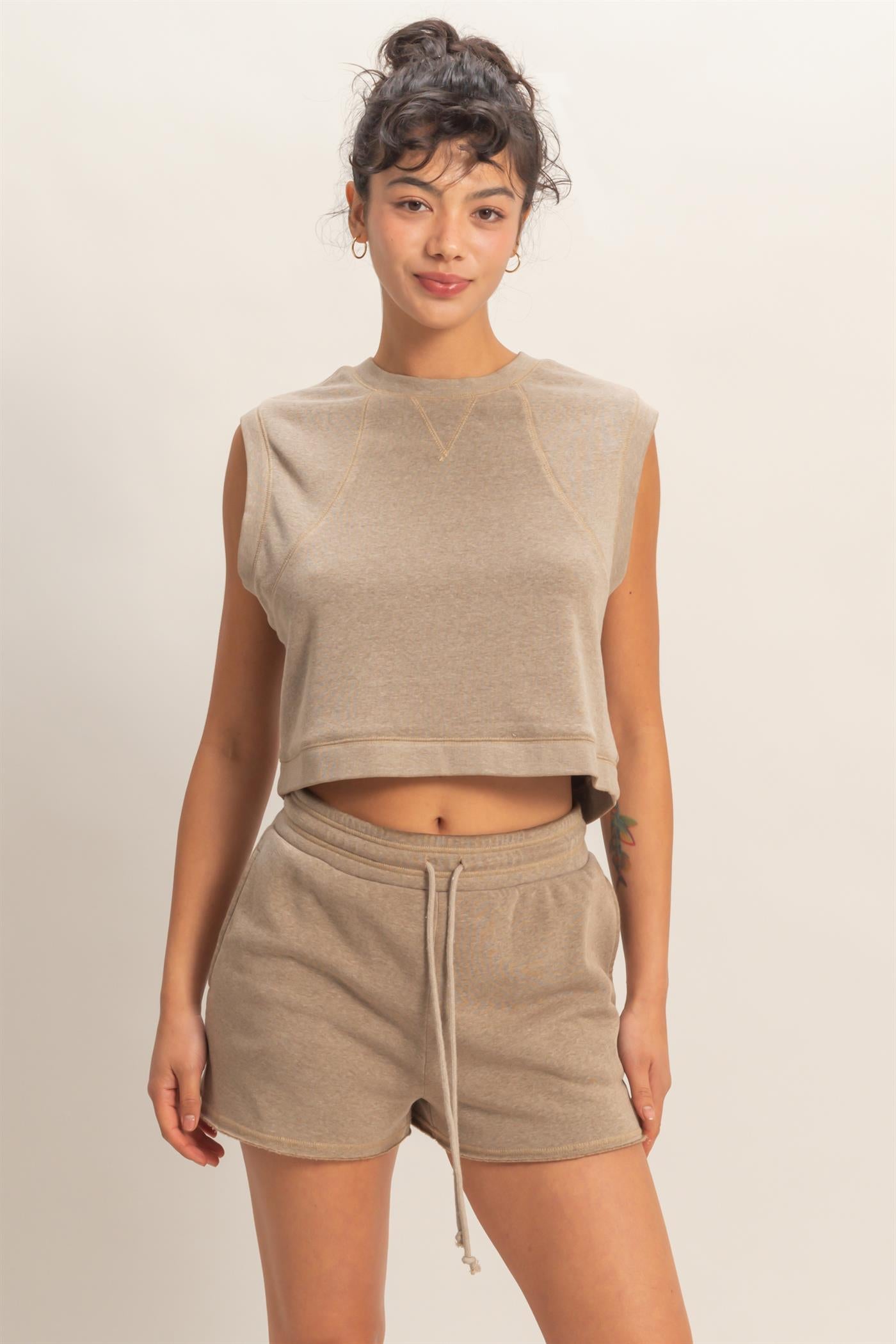 Wholesale Burnout French Terry Sleeveless Top & Shorts Set Clothing Tops DZ26A171-SET MOCHA DOUBLE ZERO