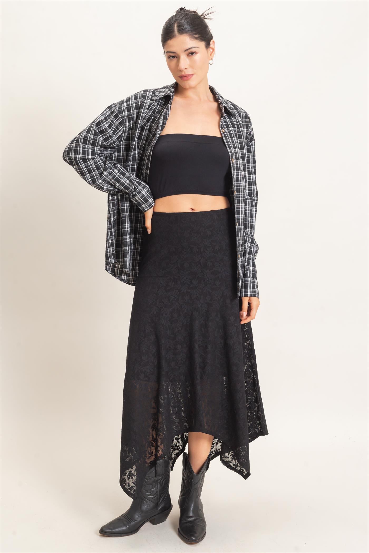 Wholesale Floral Lace Hanky Hem Skirt Skirts HF26E371 BLACK HYFVE