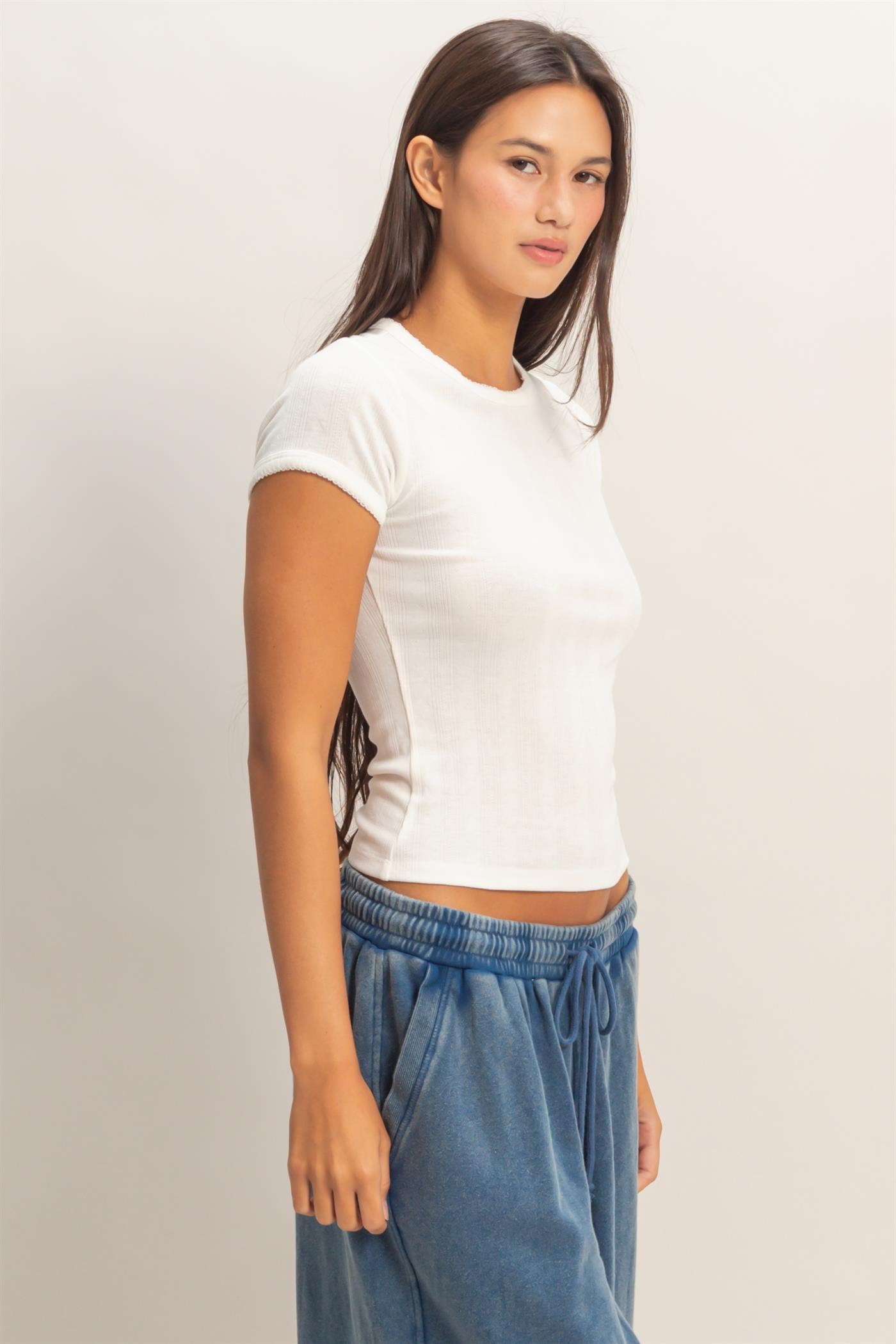 Wholesale Pointelle Short Sleeve Top Clothing Tops DZ26C285 WHITE DOUBLE ZERO