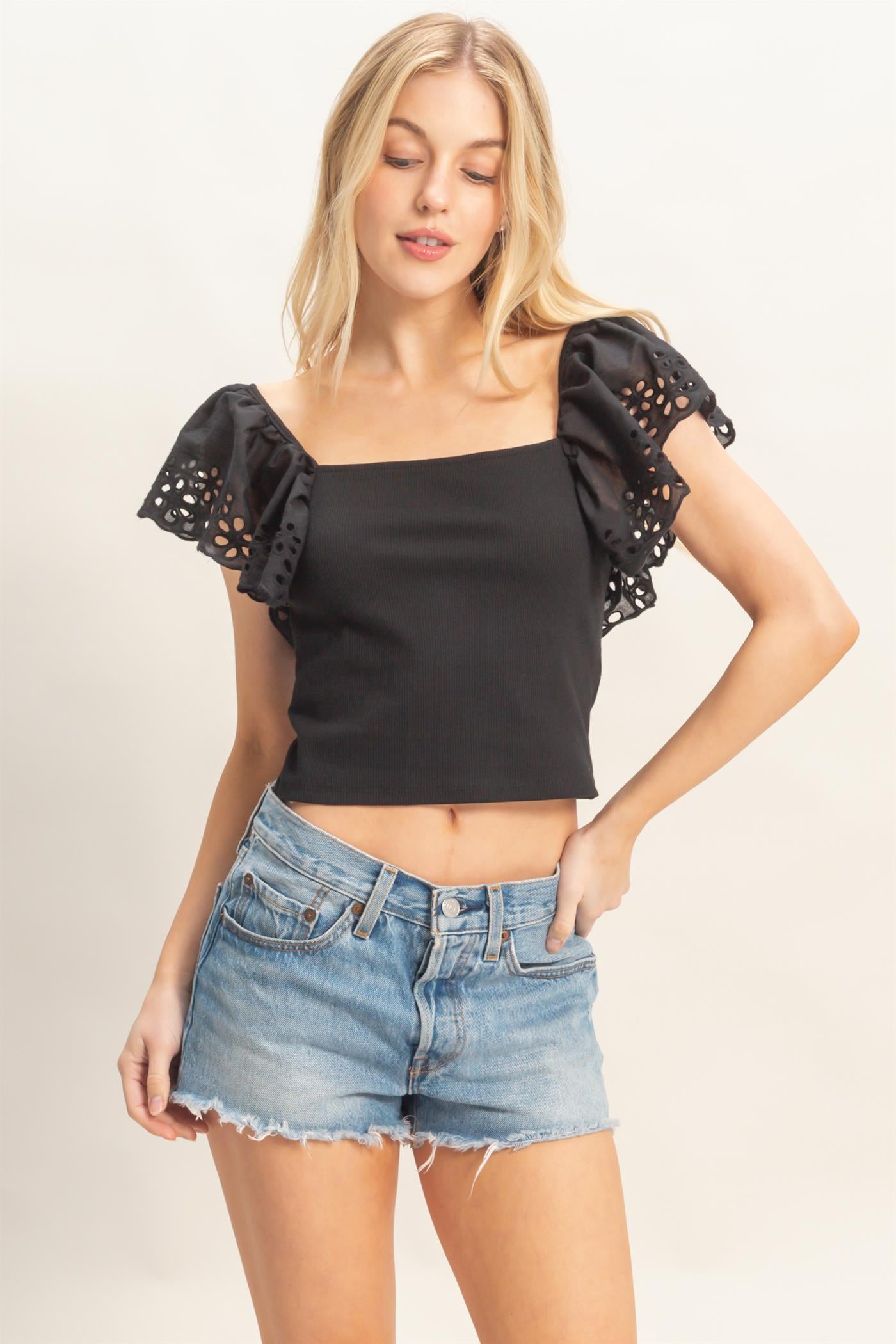 Wholesale Square Neck Eyelet Sleeve Top Clothing Tops HF26A623 BLACK HYFVE