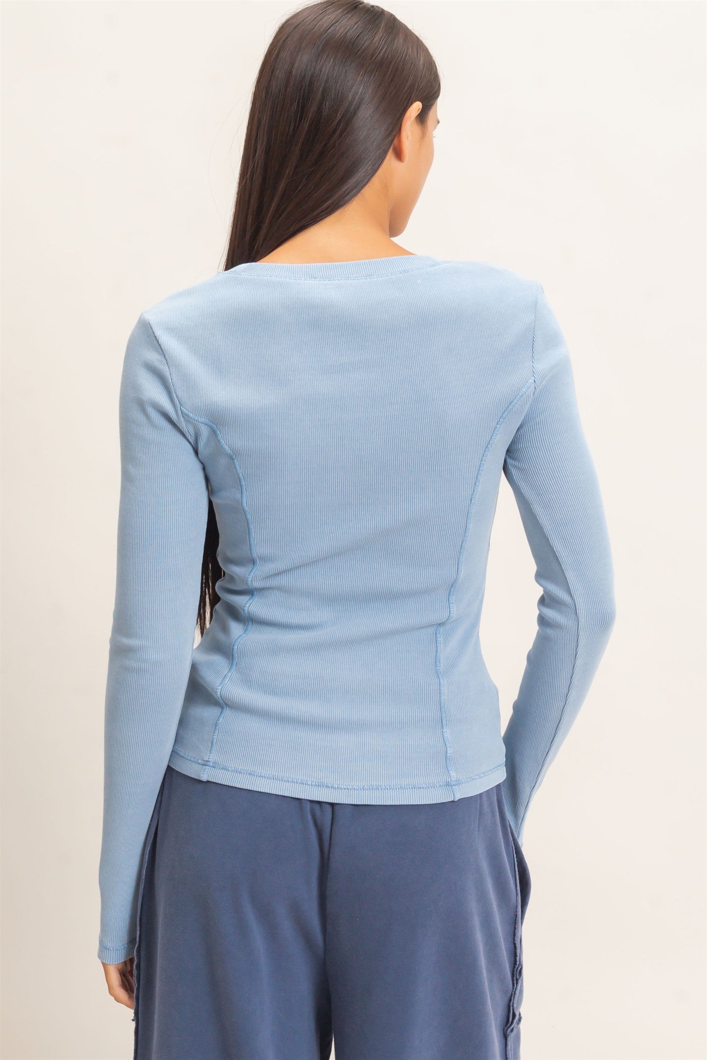 Wholesale Pigment Dye Seam Detail Scoop Neck Top Clothing Tops DZ26E242 DUSTY BLUE DOUBLE ZERO